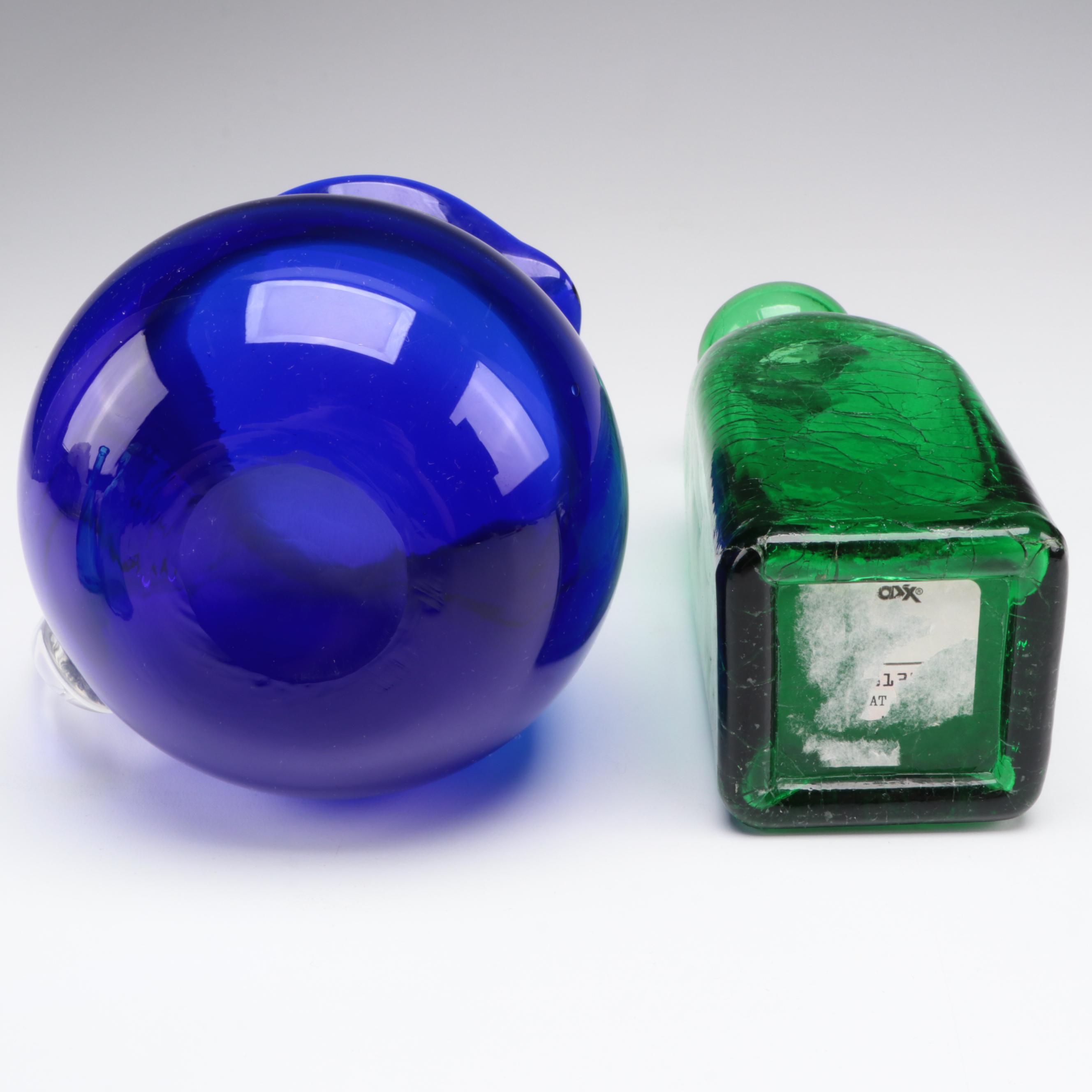 Cobalt Glass Pitcher and Various Glass Bottle Vases