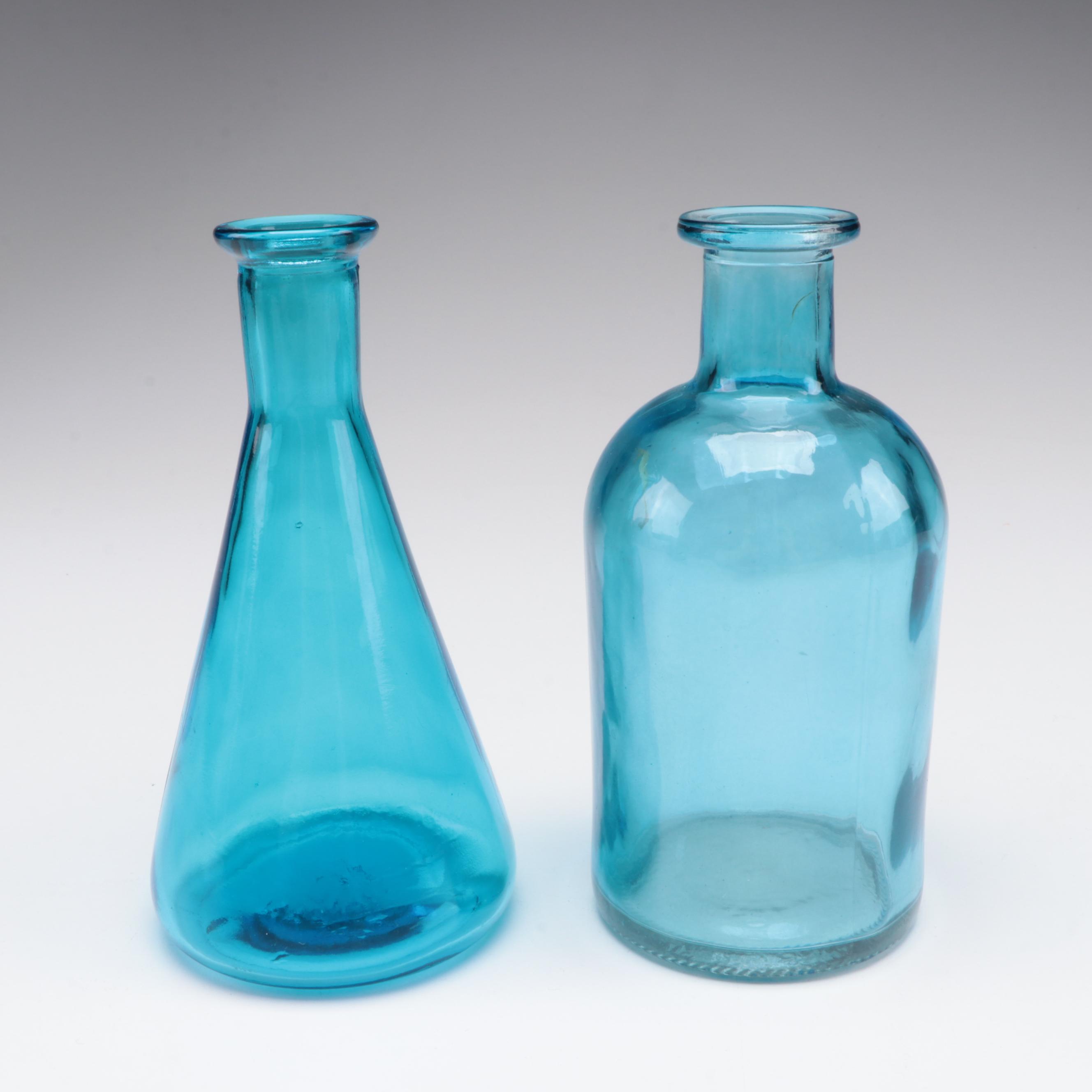 Cobalt Glass Pitcher and Various Glass Bottle Vases