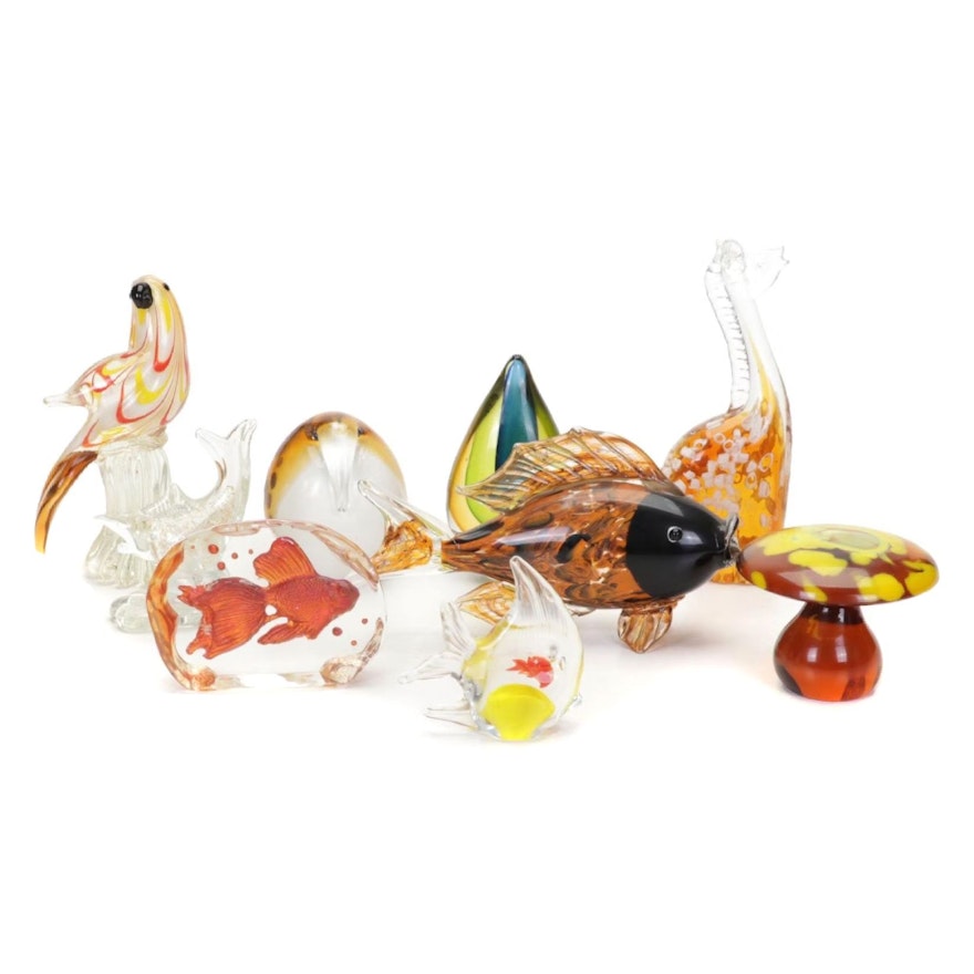 Lundberg Art Glass Fish with Figurine and Paperweight Collection