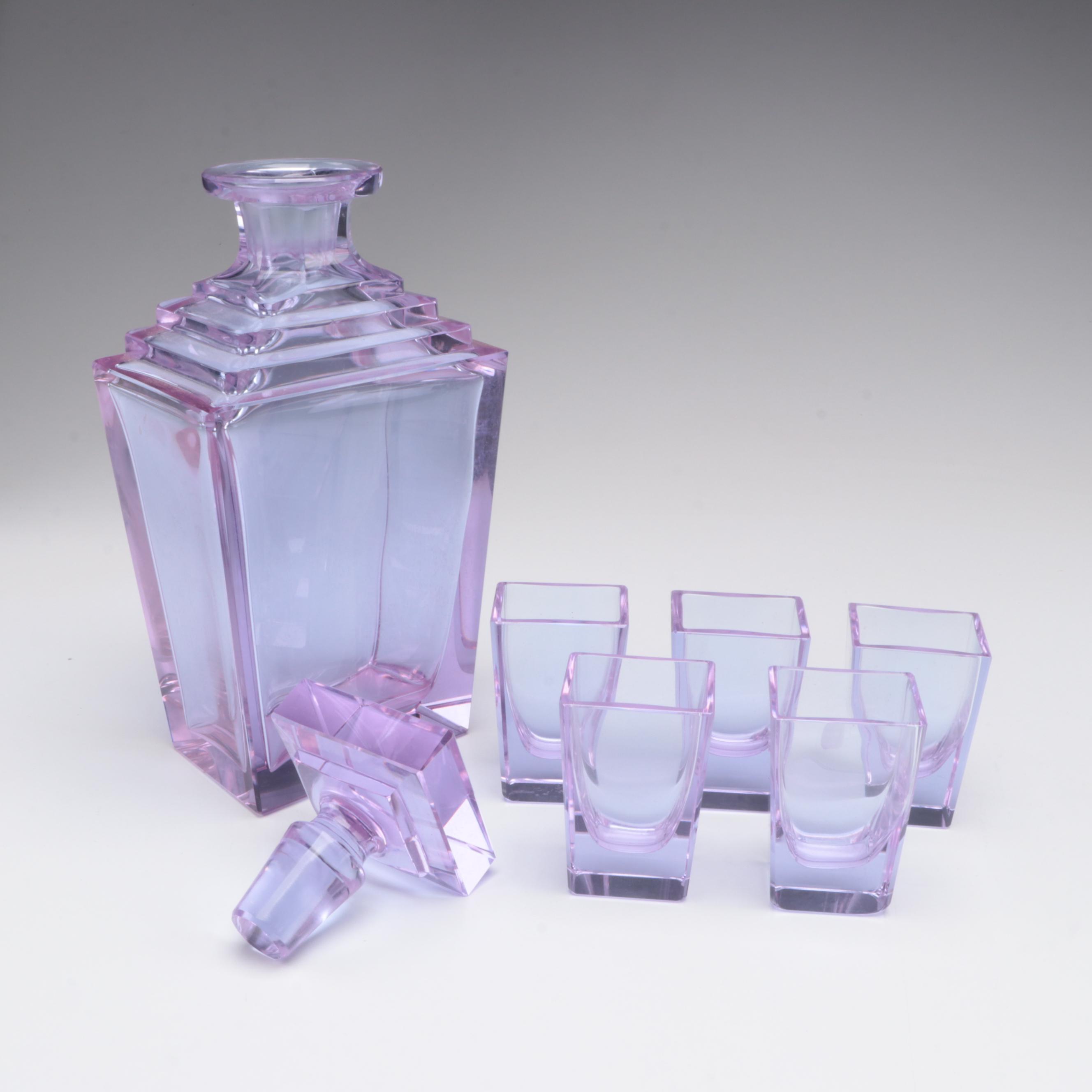 Bohemian Art Deco Style Amethyst Glass Decanter Set, 20th Century