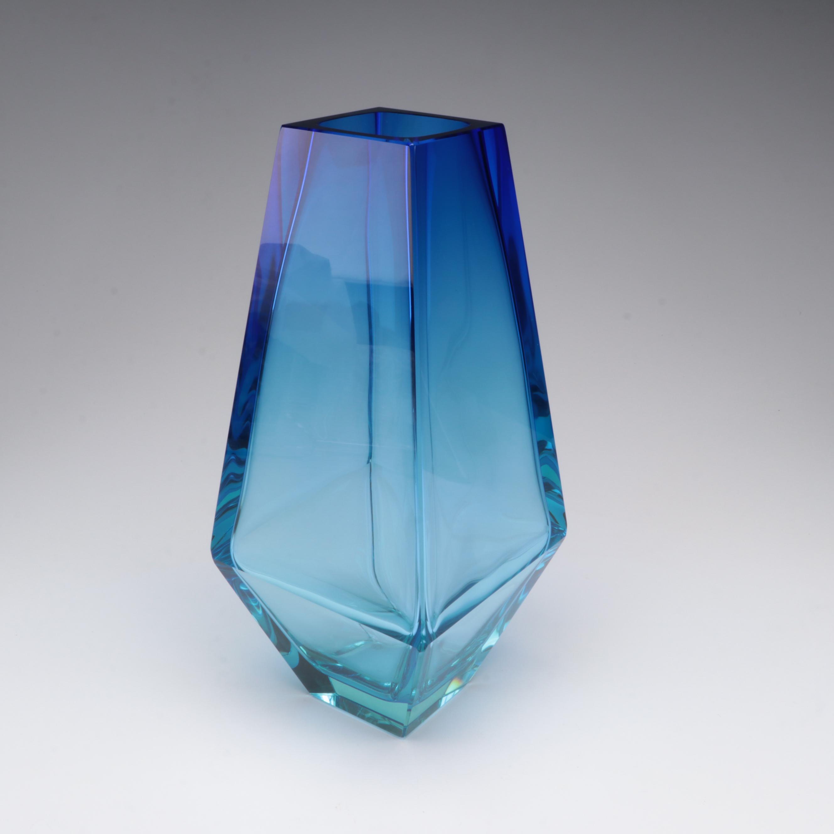 Moser "City" Beryl and Blue Underlaid Cut Crystal Vase