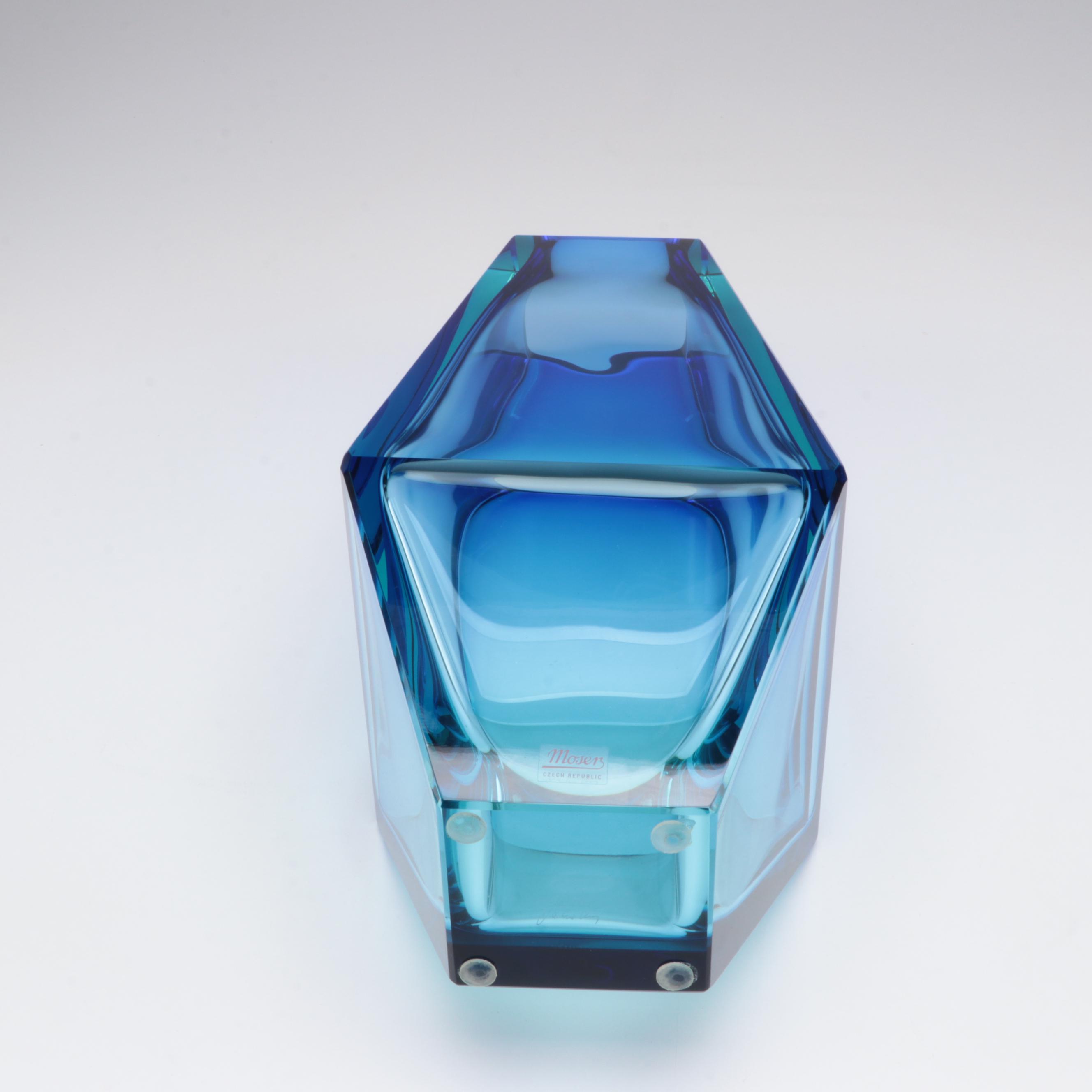 Moser "City" Beryl and Blue Underlaid Cut Crystal Vase