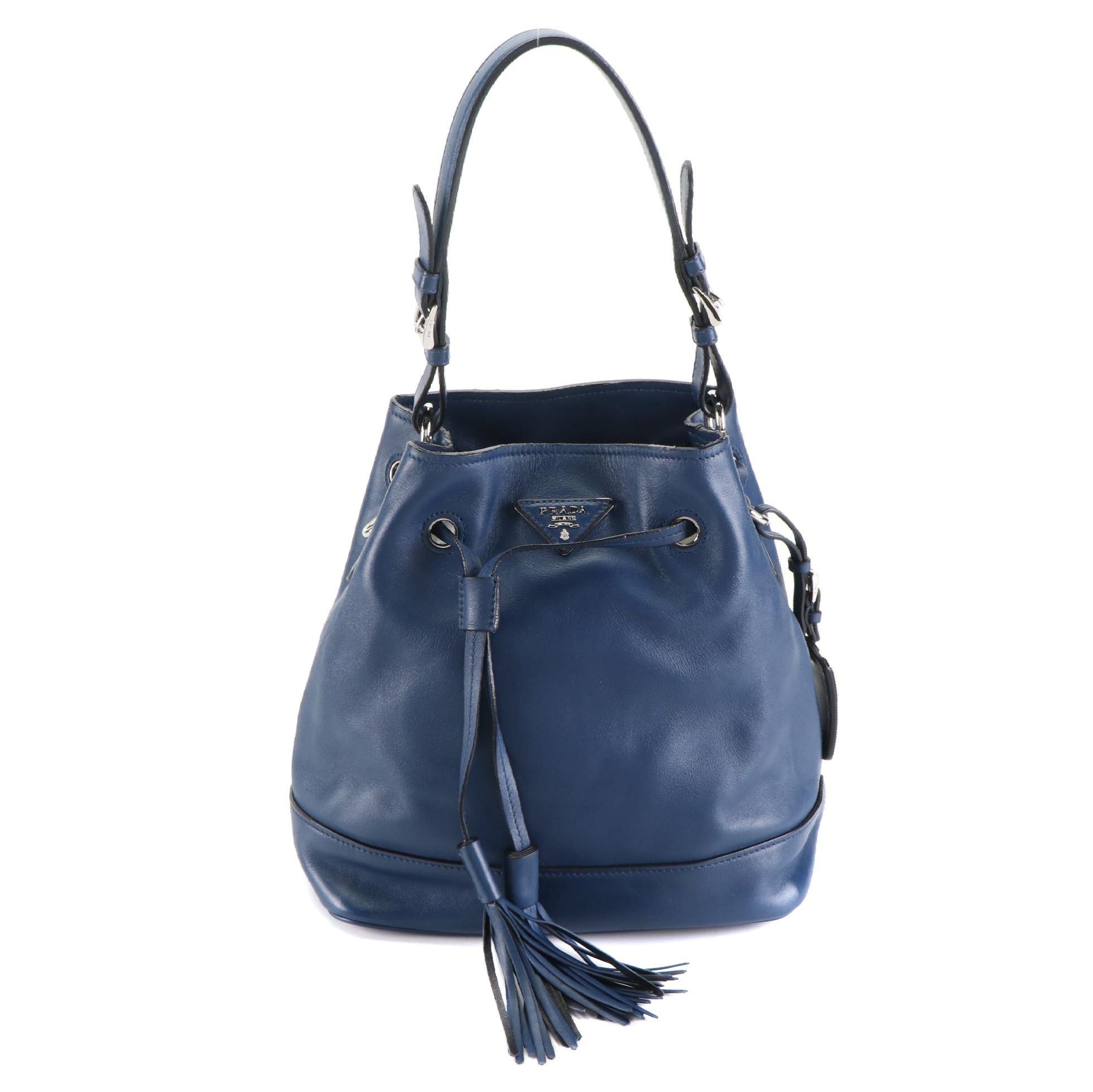 Prada Blue Leather Tassel Bucket Bag with Detachable Strap