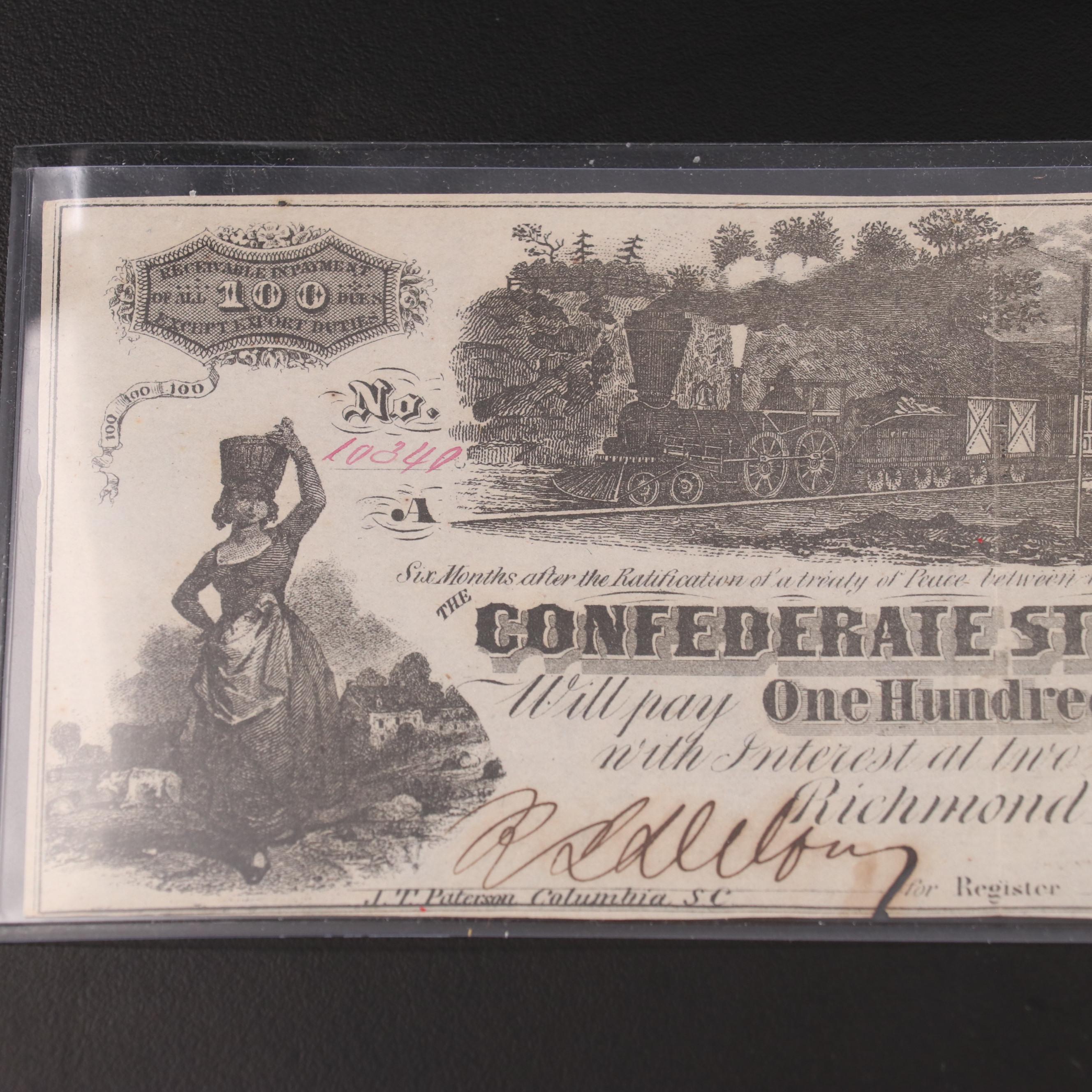 1862 $100 Confederate States of America Obsolete Currency Note