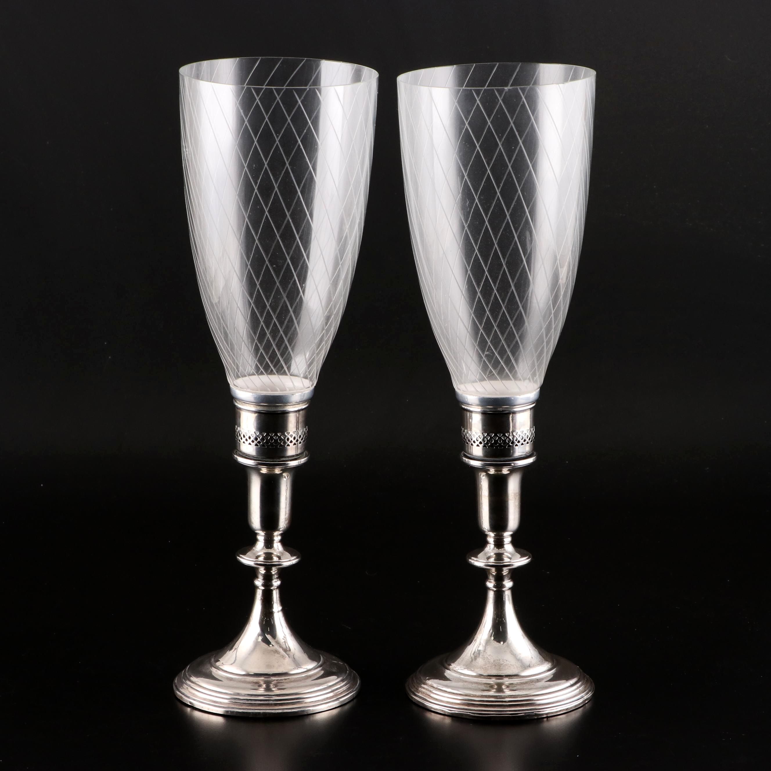 Redlich & Co. Sterling Silver Candlesticks with Spiral Etched Glass Shades