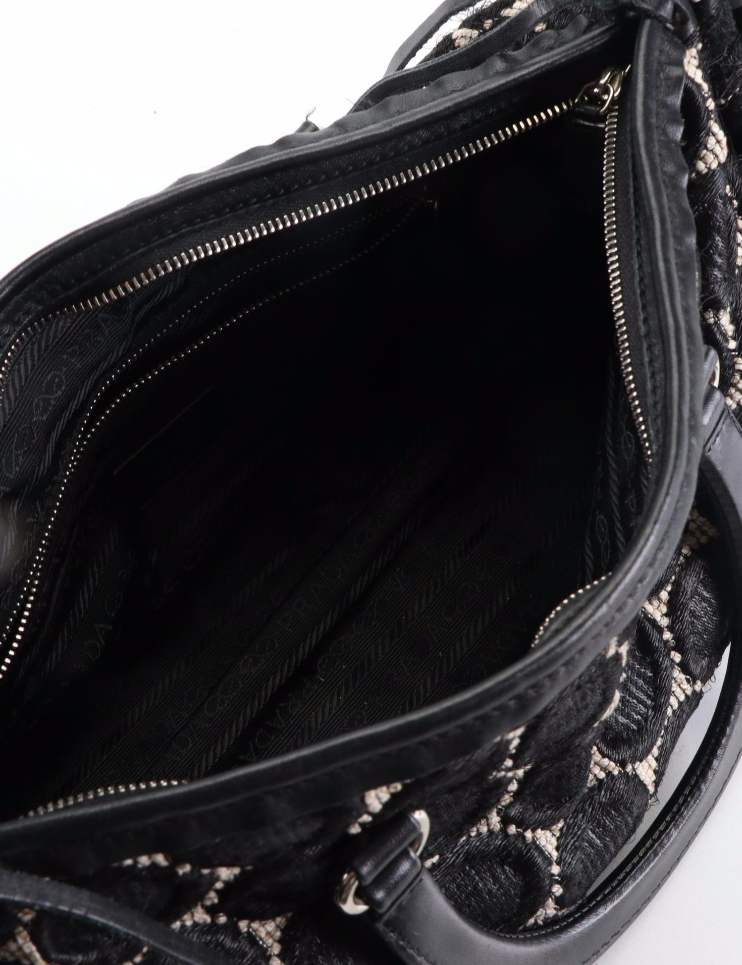 Prada Handbag in Embroidered Silk Blend Textile and Leather