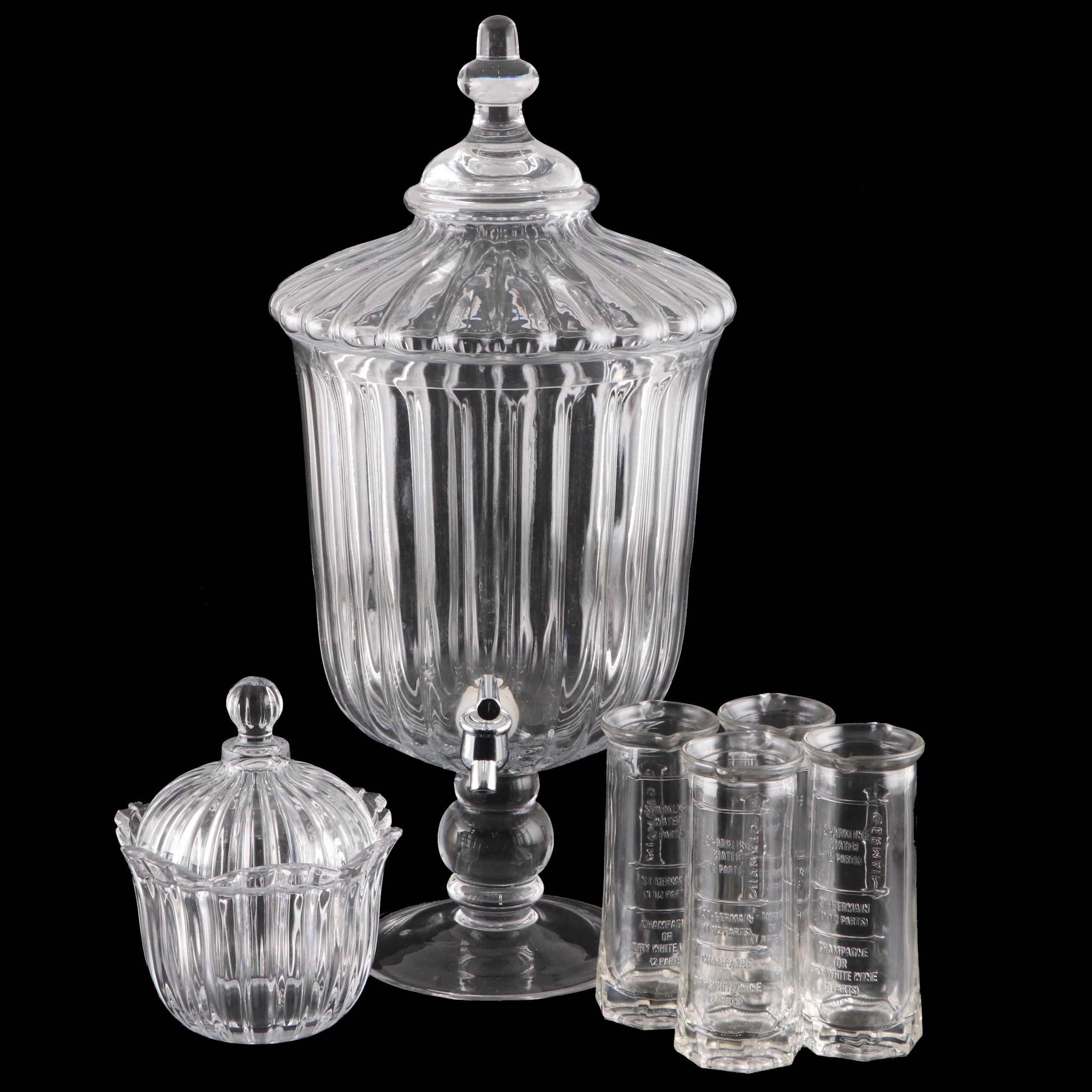 Soga Glass Candy Dish with St. Germain Spritz Glasses and Drink Dispenser