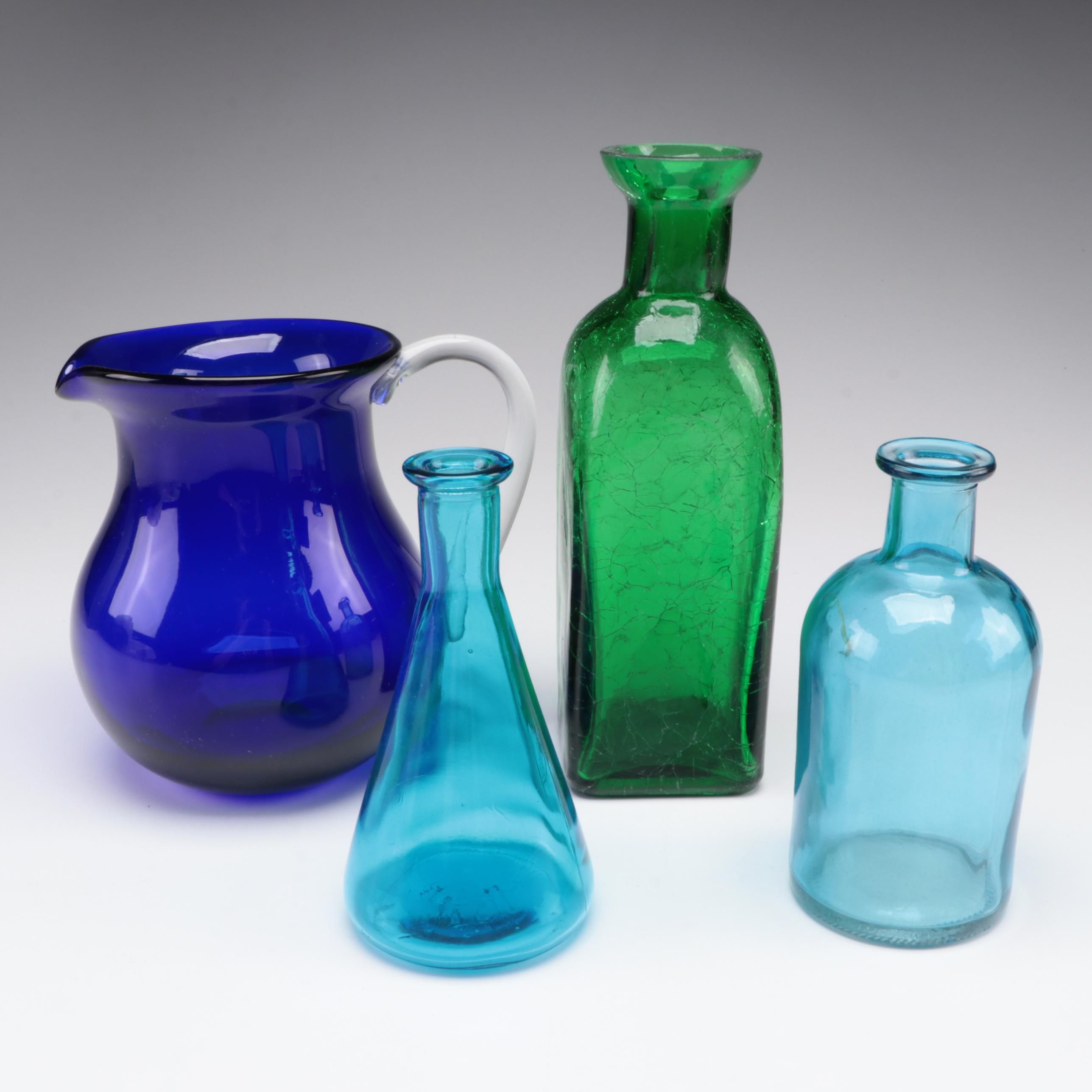 Cobalt Glass Pitcher and Various Glass Bottle Vases