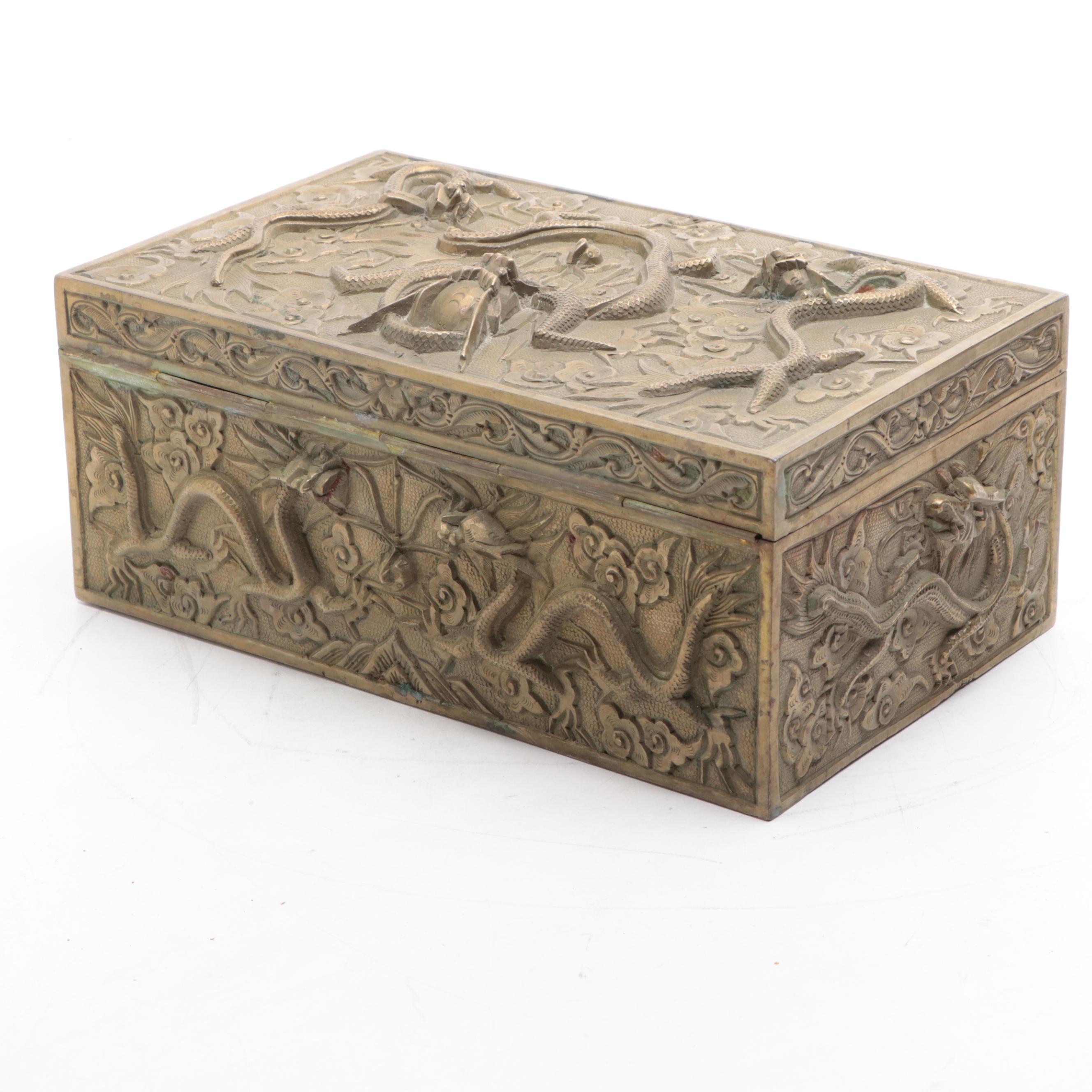 Chinese Brass and Wood Dragon Box