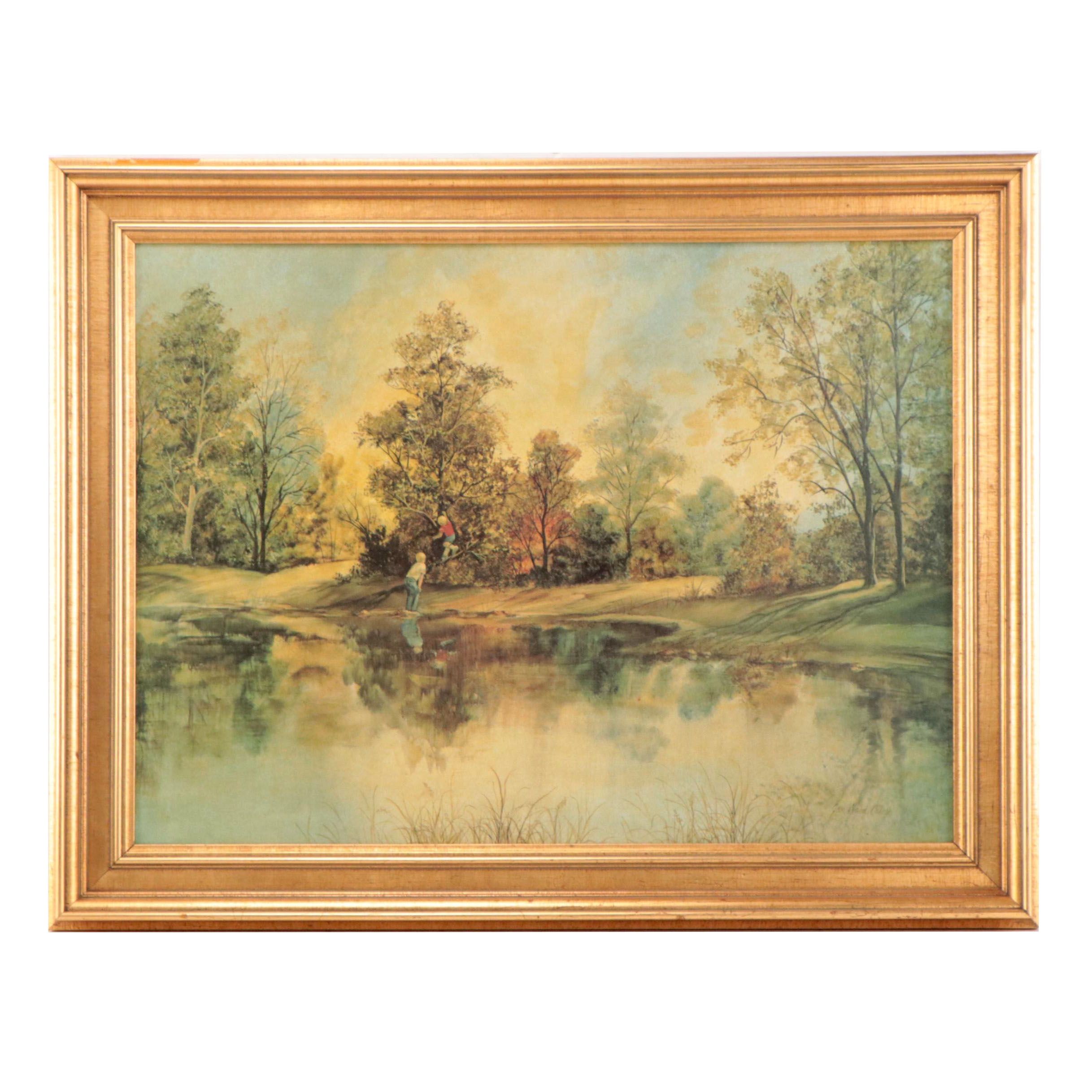 Offset Lithograph of Lake Landscape After Jan Ward Calaski