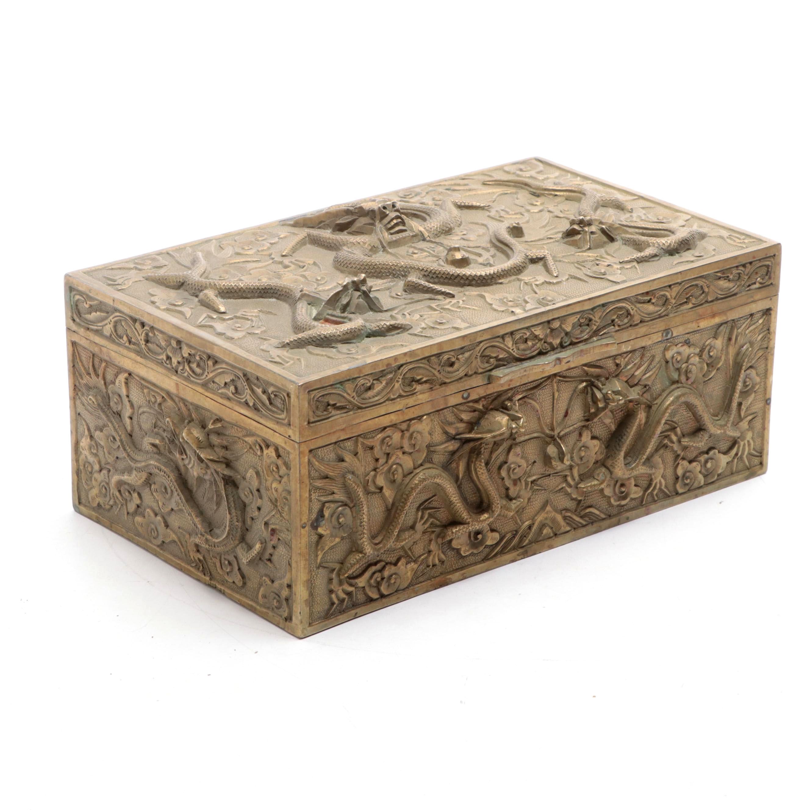 Chinese Brass and Wood Dragon Box