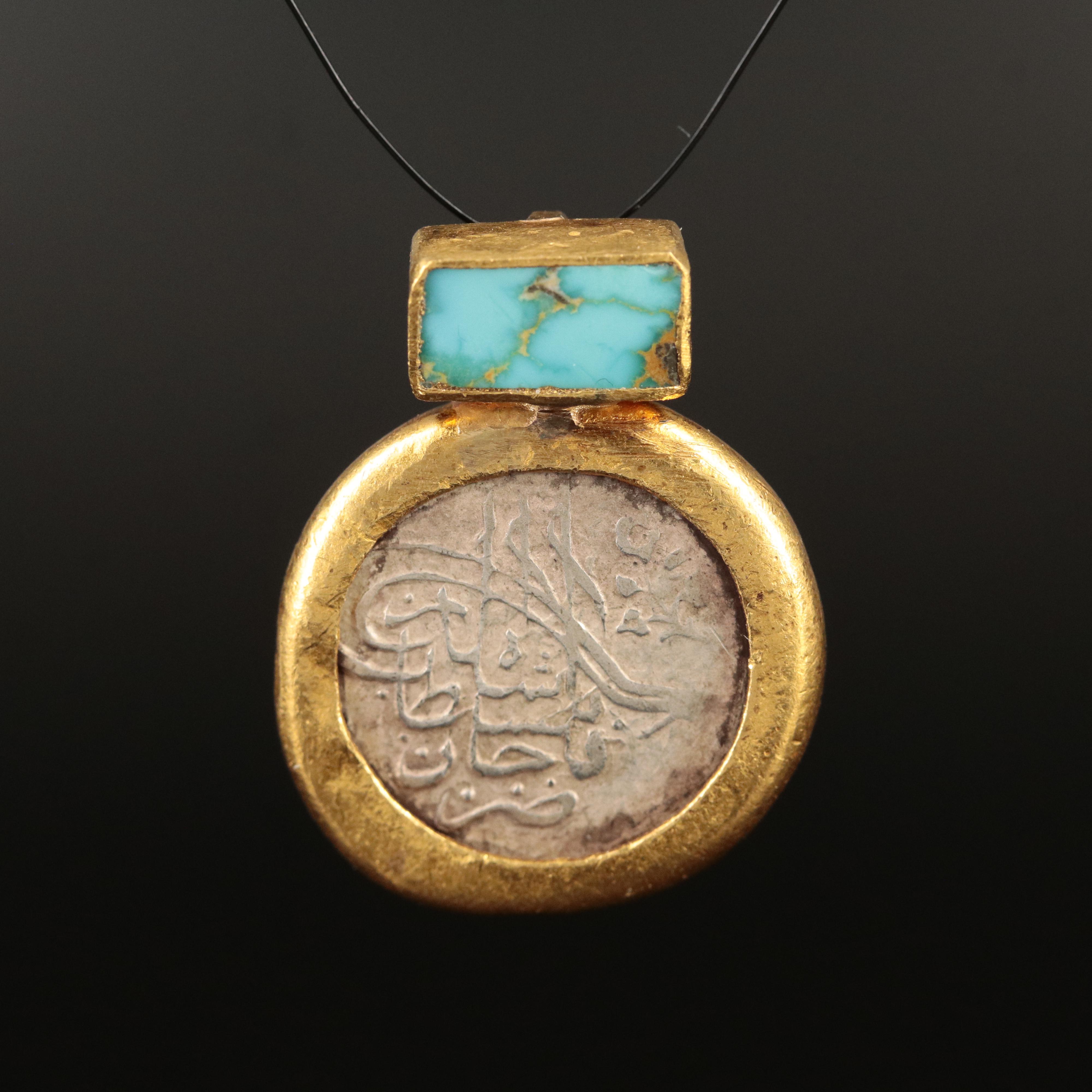 24K Turquoise Pendant with Islamic Silver Dirham Coin
