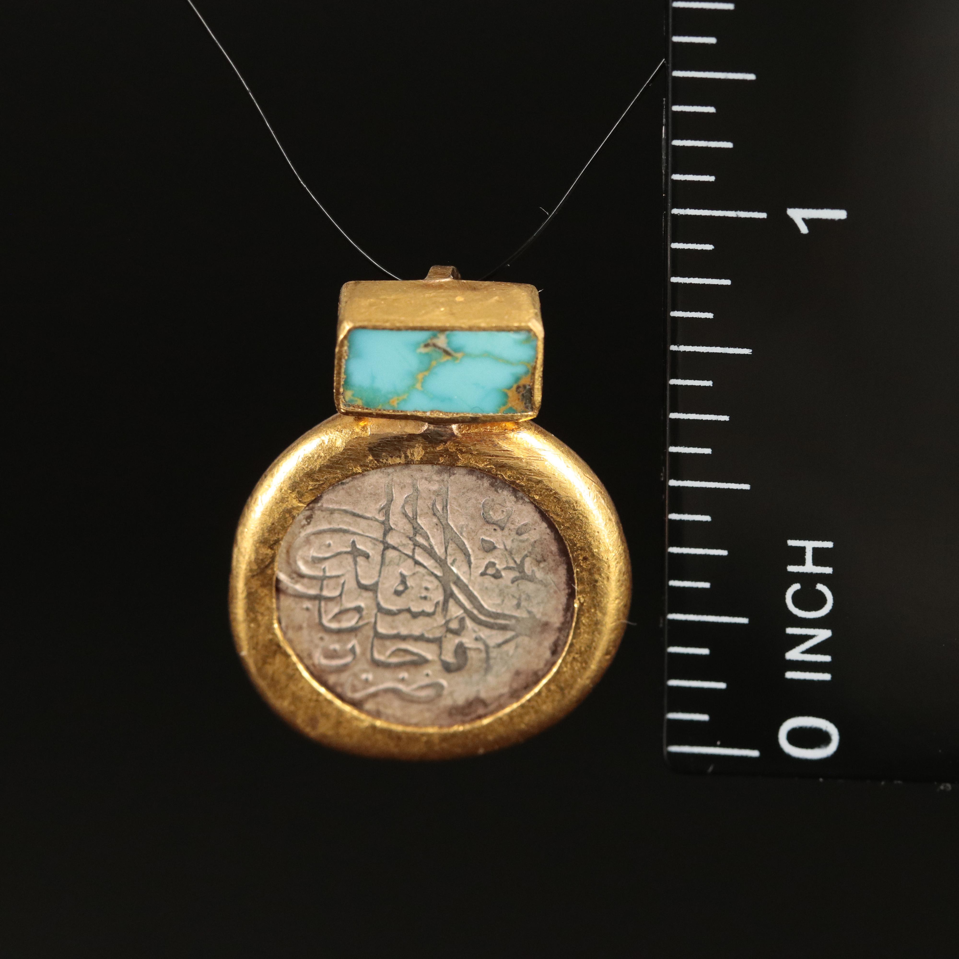 24K Turquoise Pendant with Islamic Silver Dirham Coin
