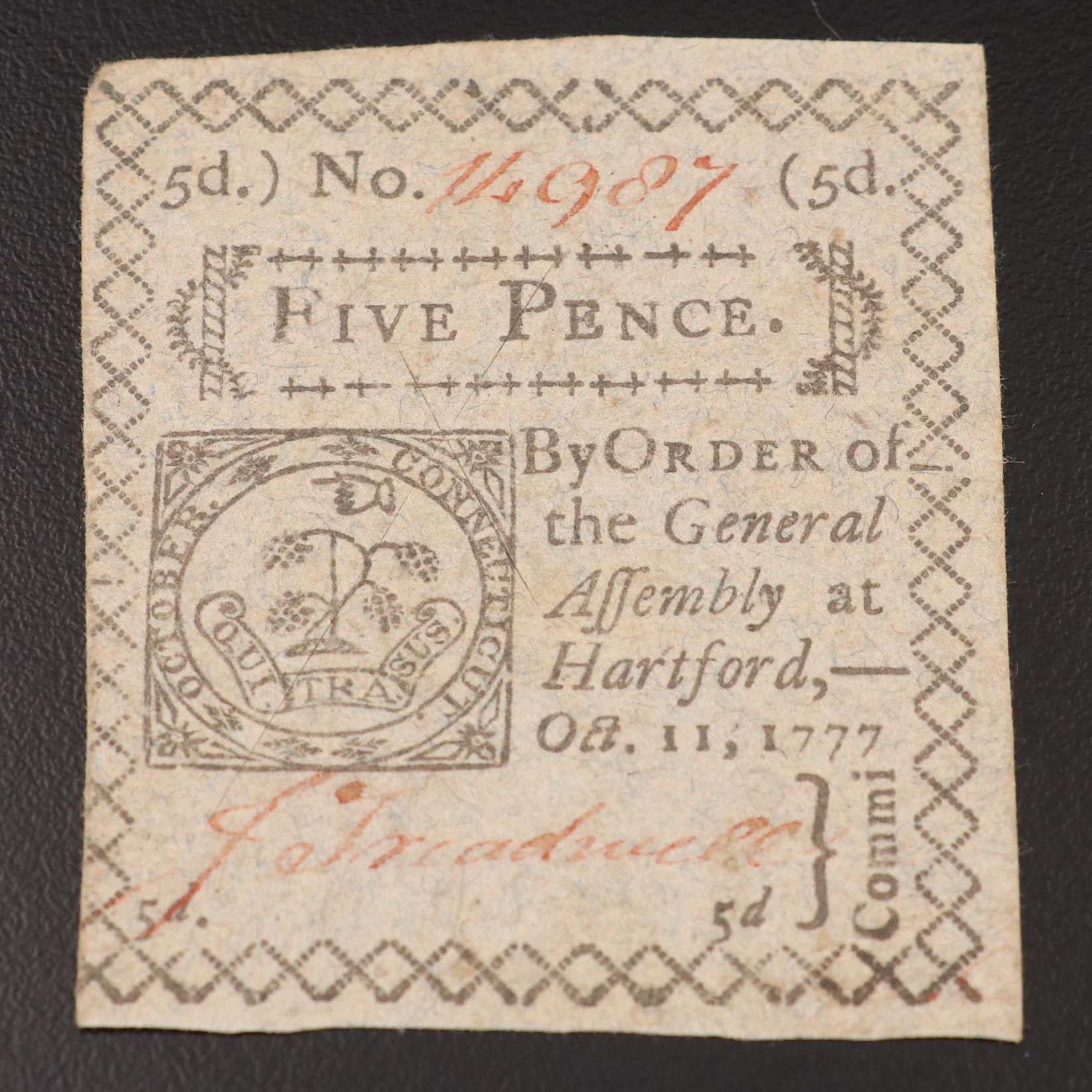 1777 Connecticut 5-Pence Colonial Currency Note