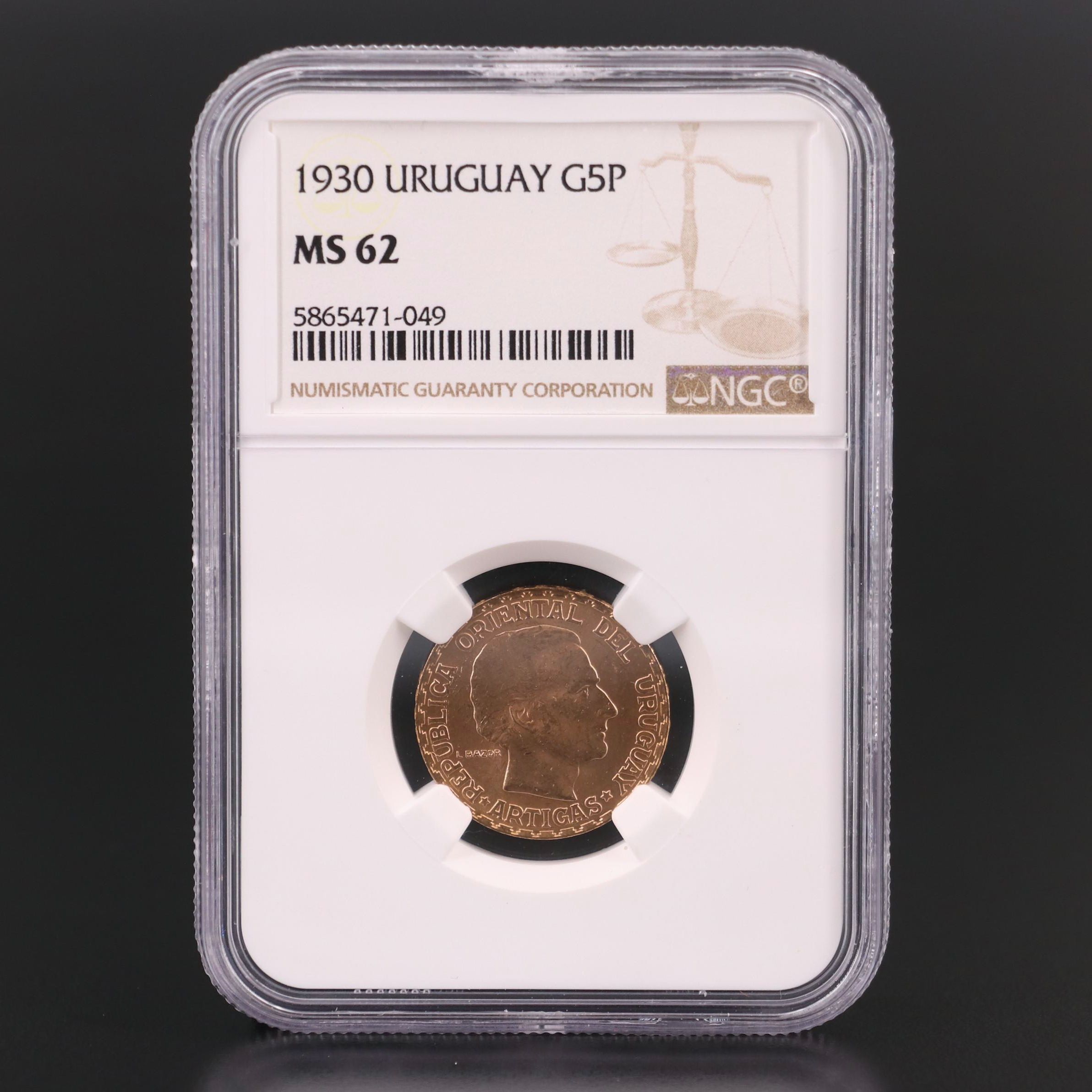 NGC MS62 1930 Uruguay Gold Five Peso Coin