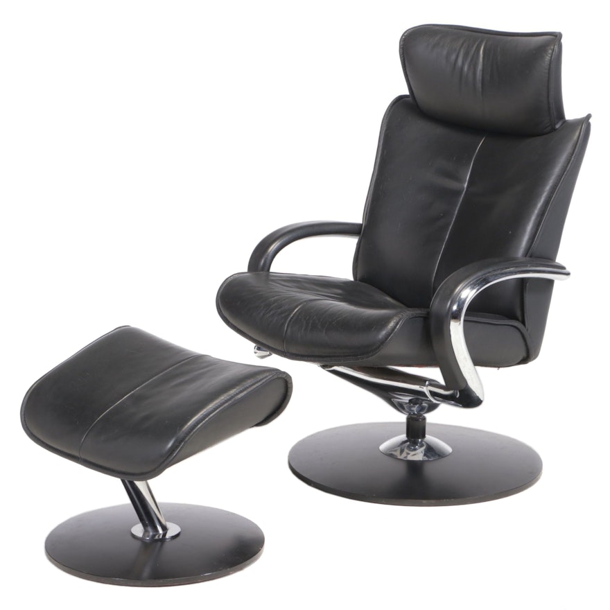 Hjellegjerde Møbler Fjords Ona Black Leather and Chrome Lounge Chair and Ottoman