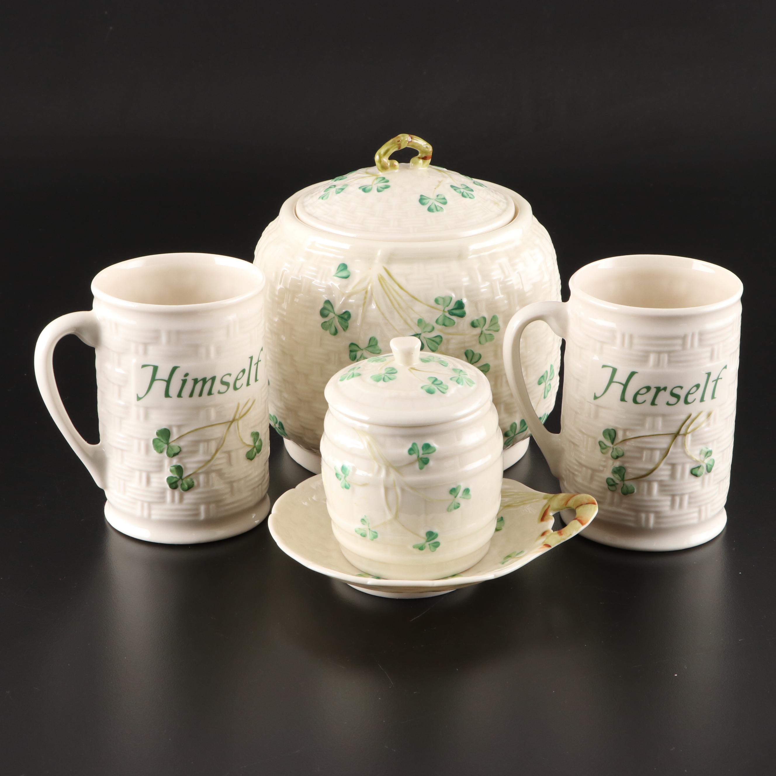 Belleek "Shamrock" His and Hers Porcelain Mugs and Tableware
