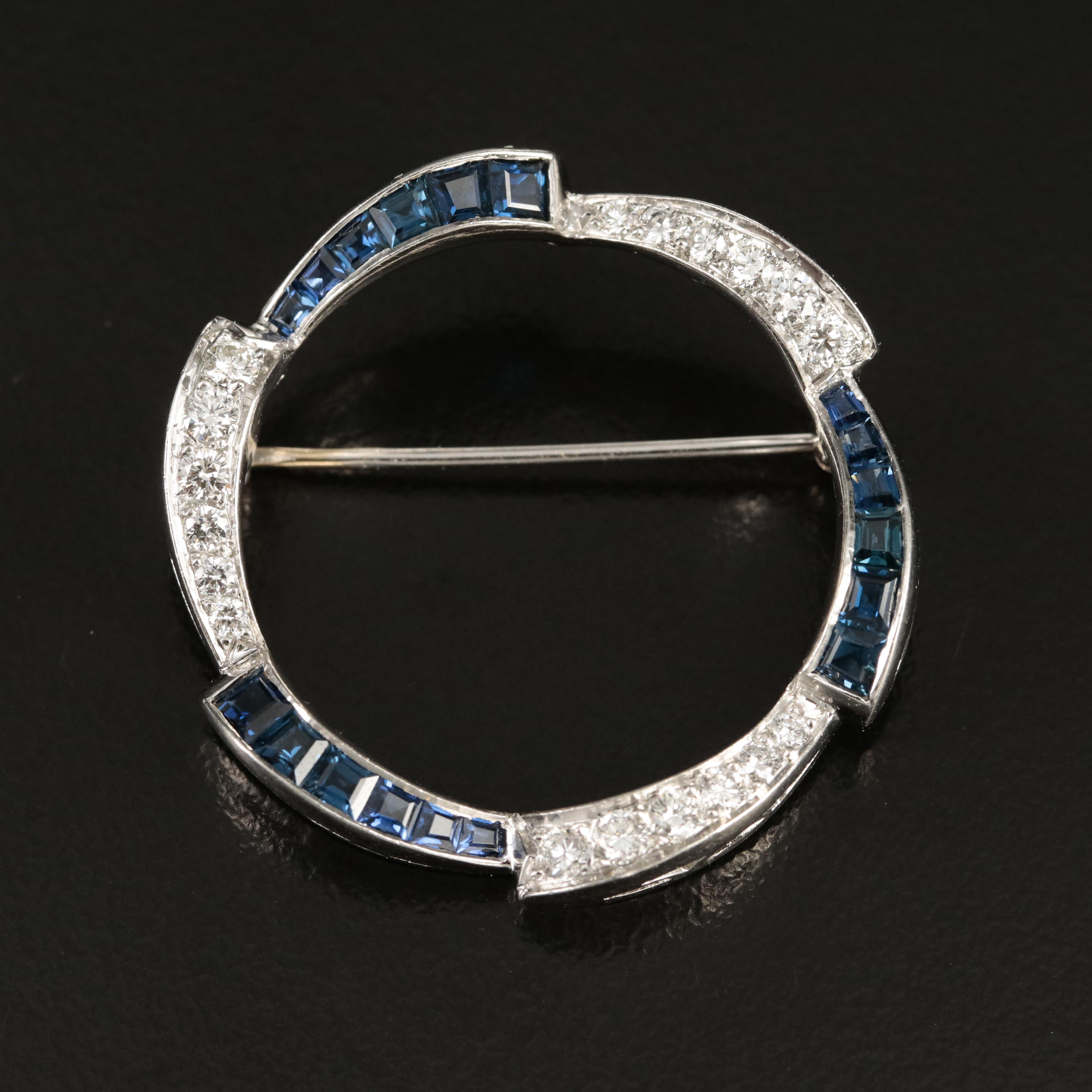 Platinum Diamond and Sapphire Circle Brooch