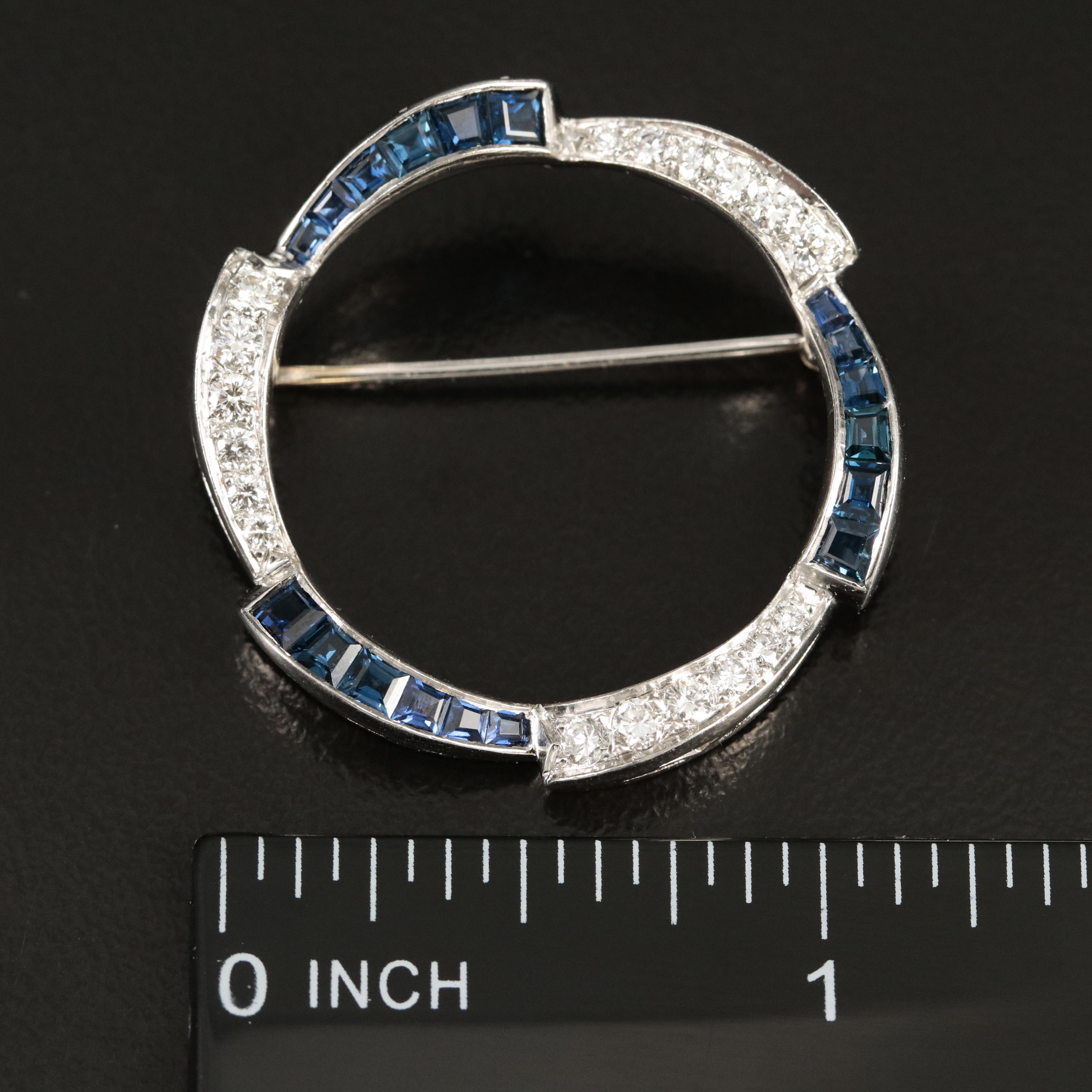 Platinum Diamond and Sapphire Circle Brooch