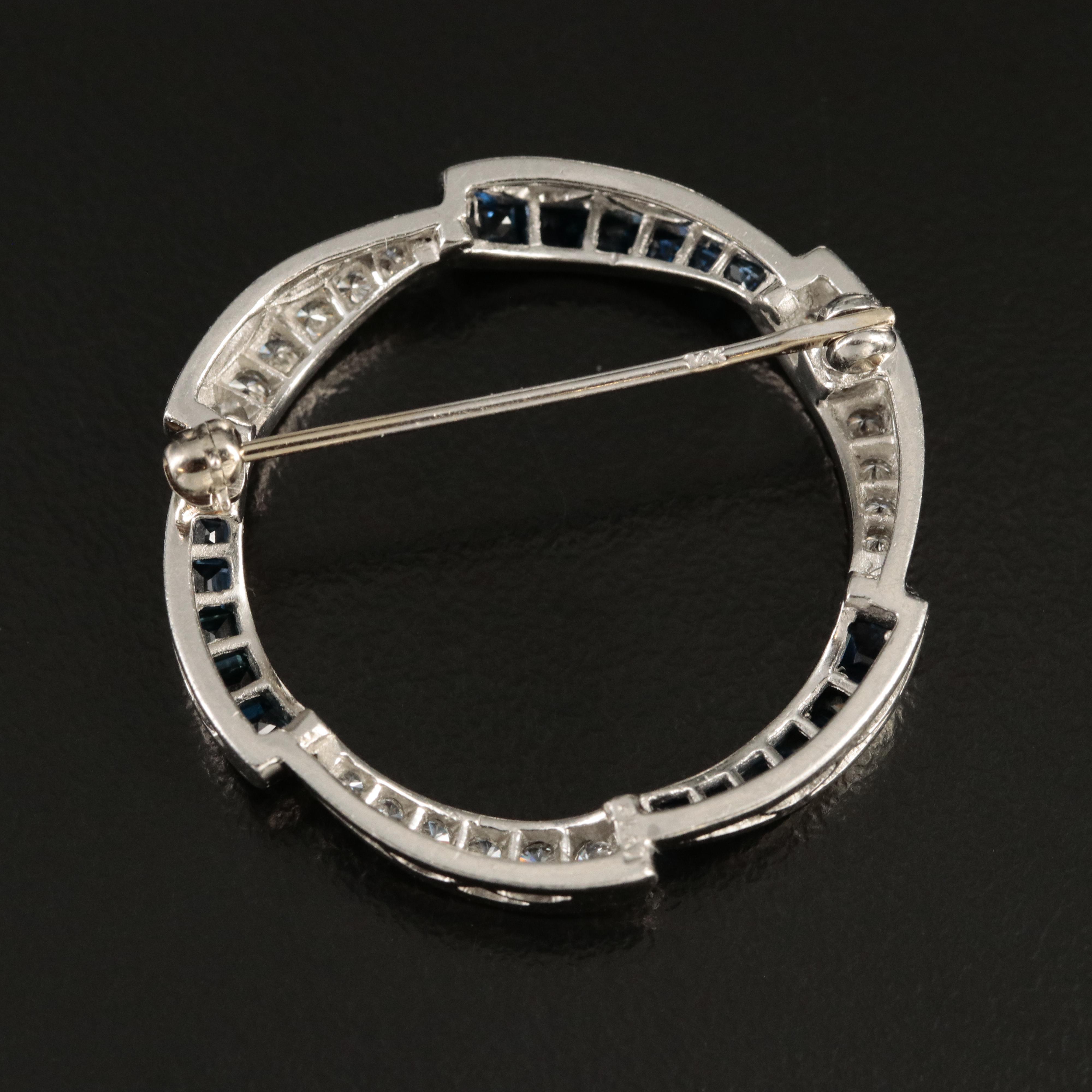 Platinum Diamond and Sapphire Circle Brooch