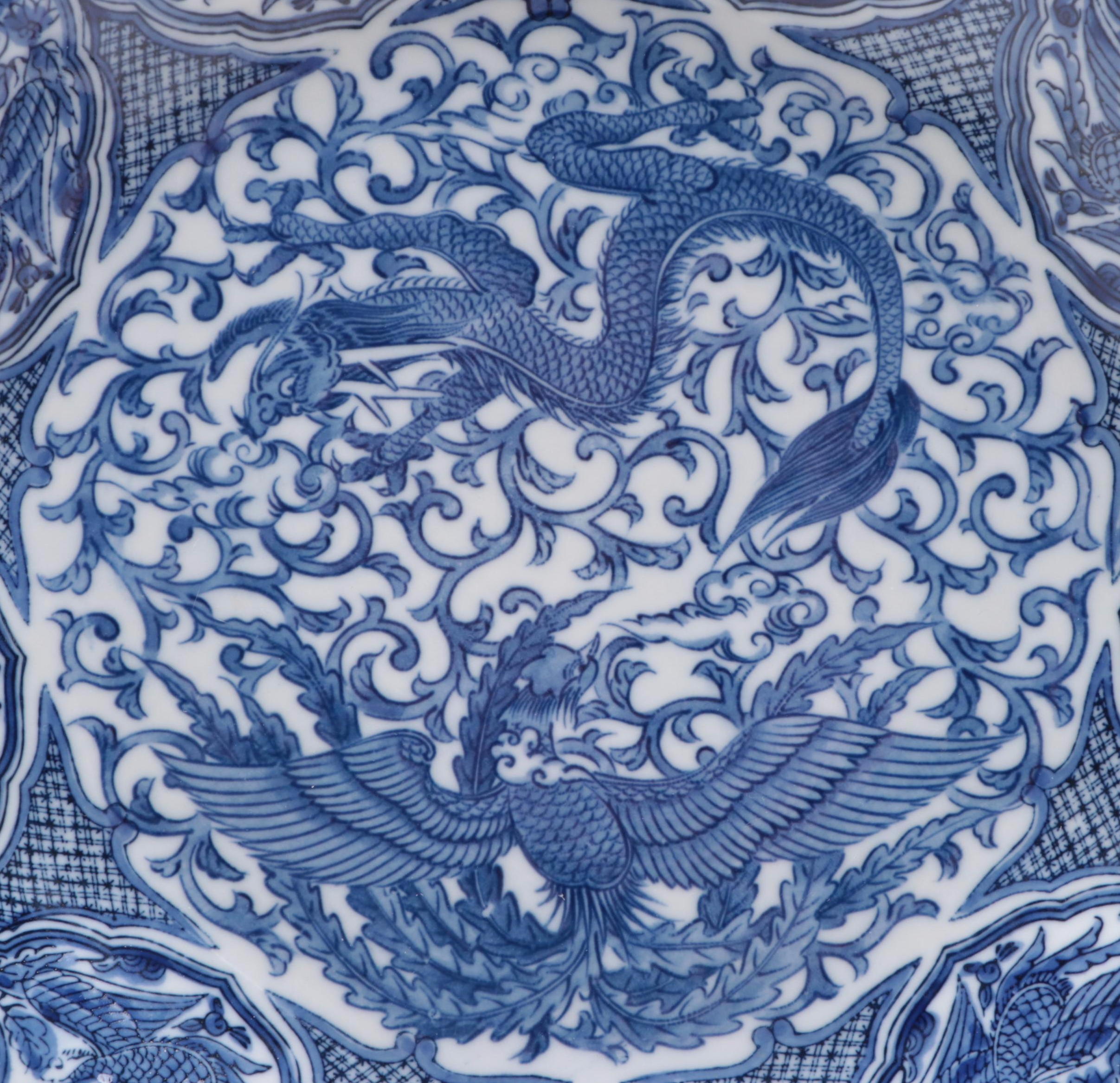 Chinese Blue and White Porcelain Dragon and Phoenix Dish