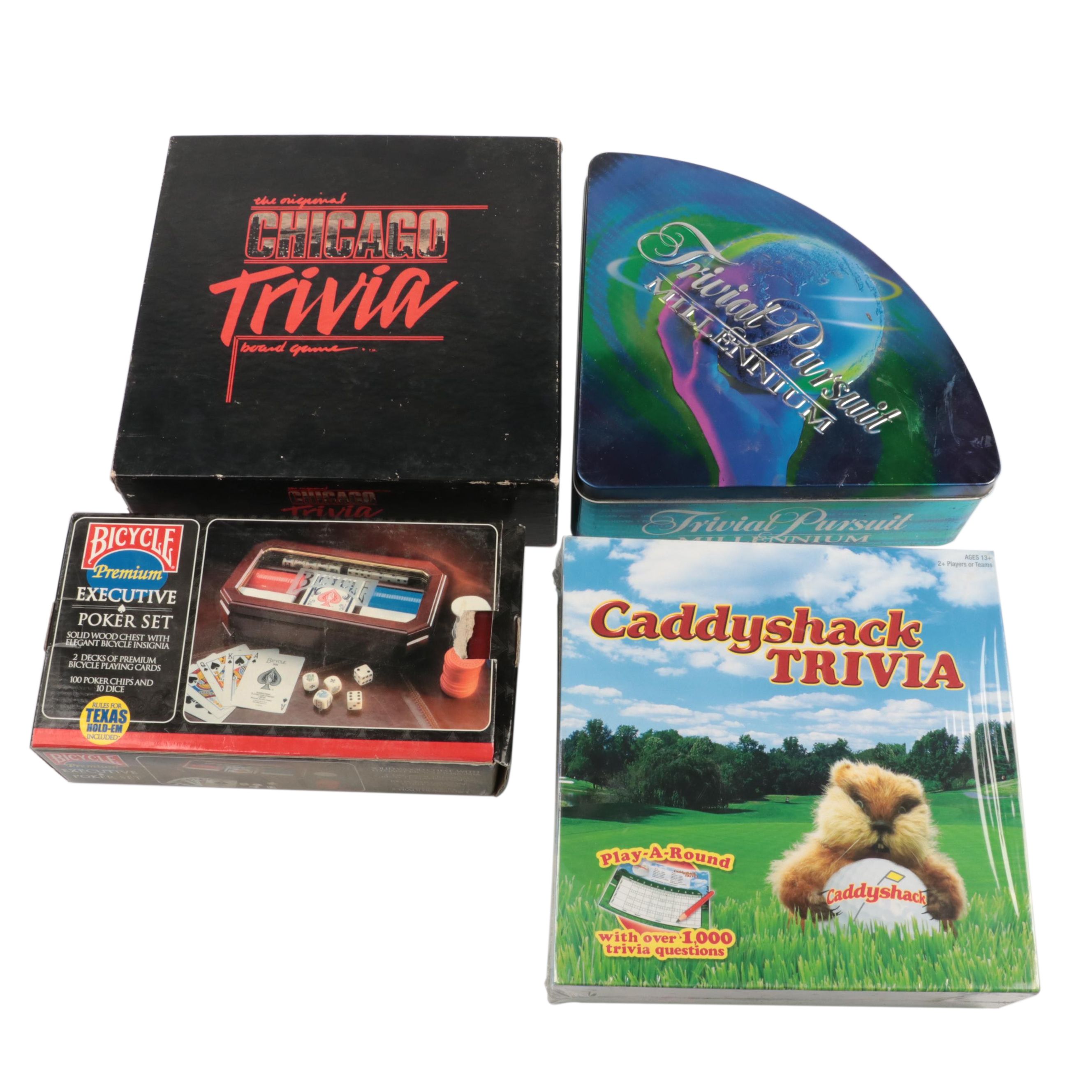 Trivial Pursuit, Caddyshack Trivia, Poker Set and Chicago Trivia Board Games