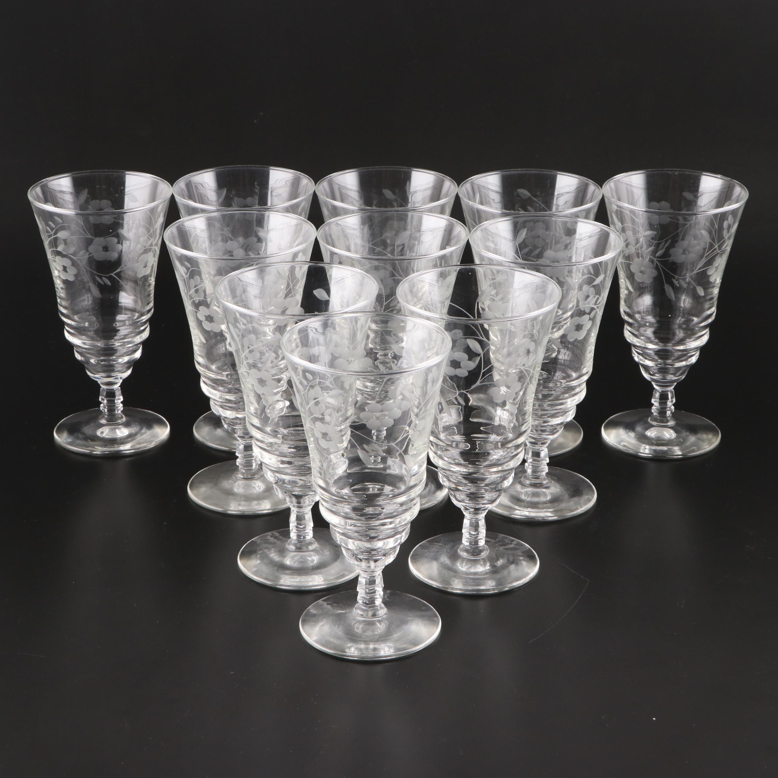 Libbey Etched Glass Water Glasses and Stemware, Mid-20th Century
