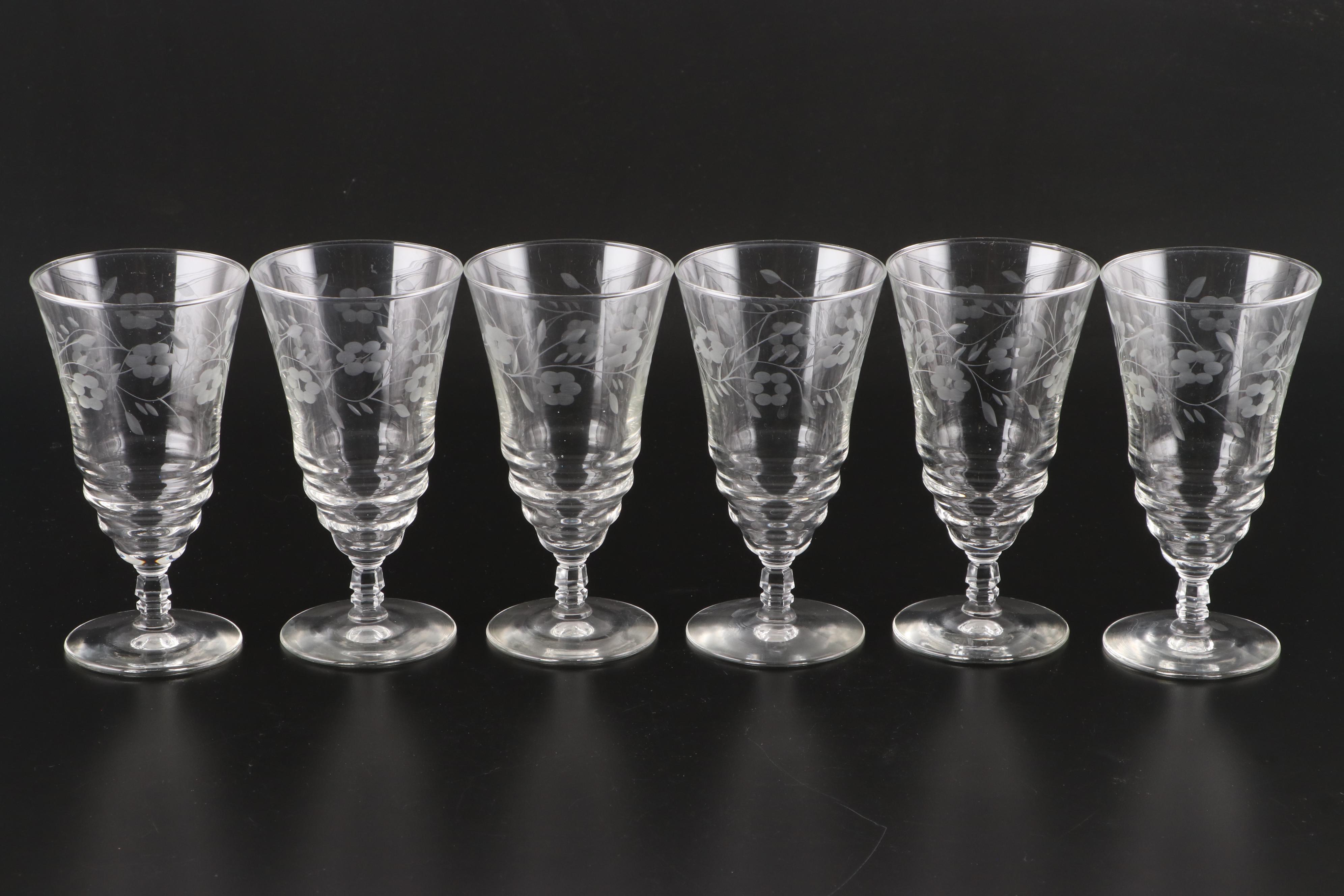 Libbey Etched Glass Water Glasses and Stemware, Mid-20th Century