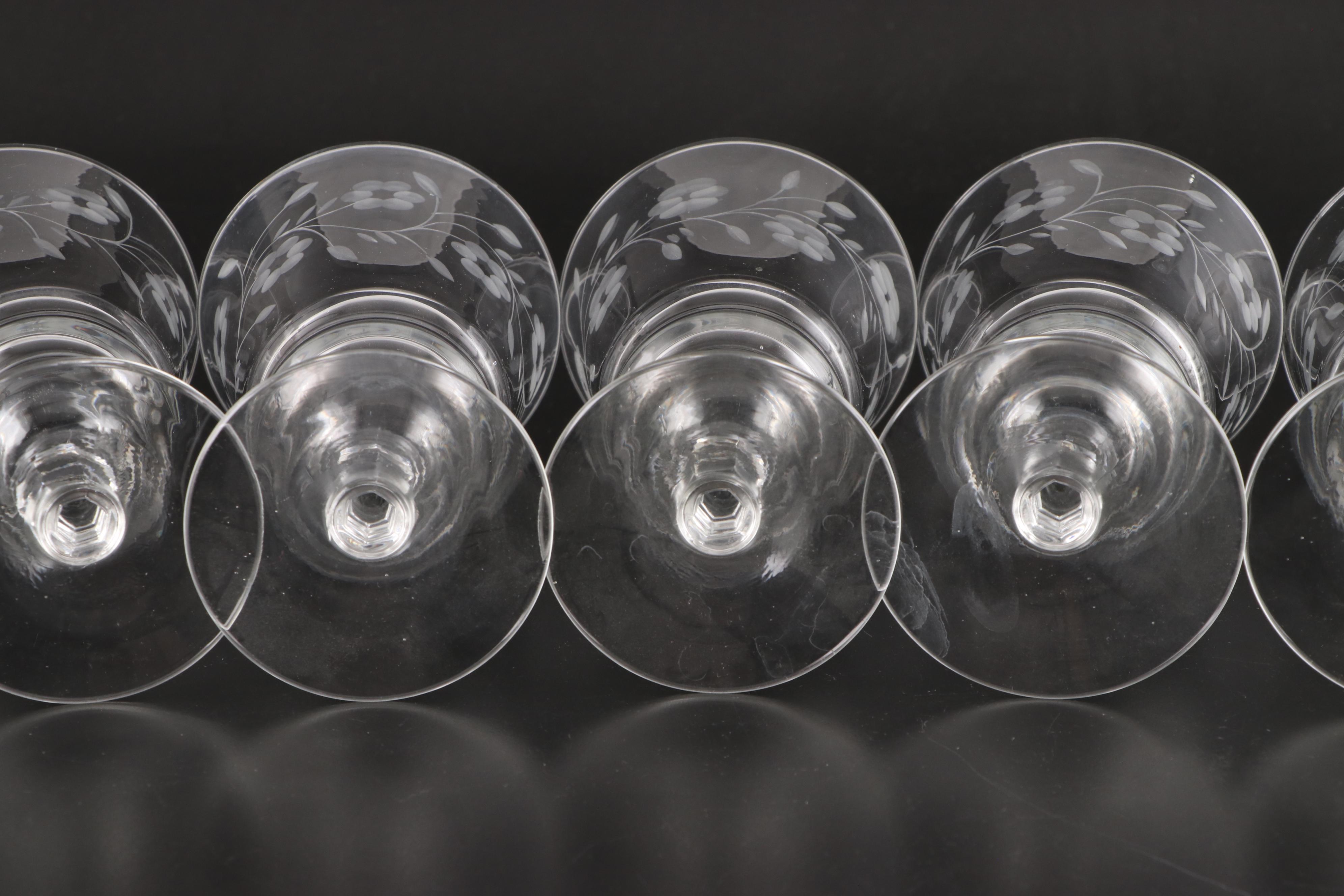 Libbey Etched Glass Water Glasses and Stemware, Mid-20th Century