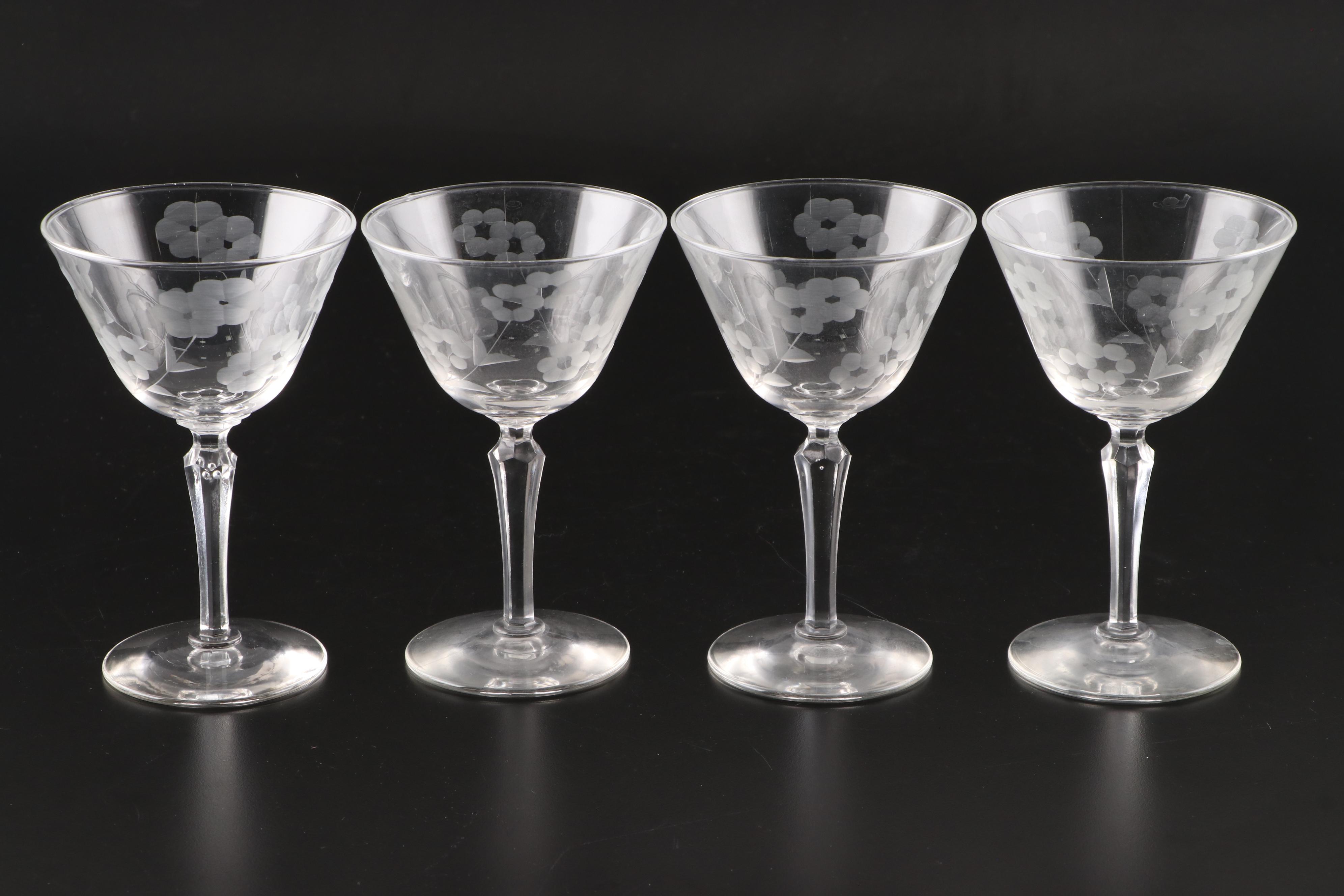 Libbey Etched Glass Water Glasses and Stemware, Mid-20th Century