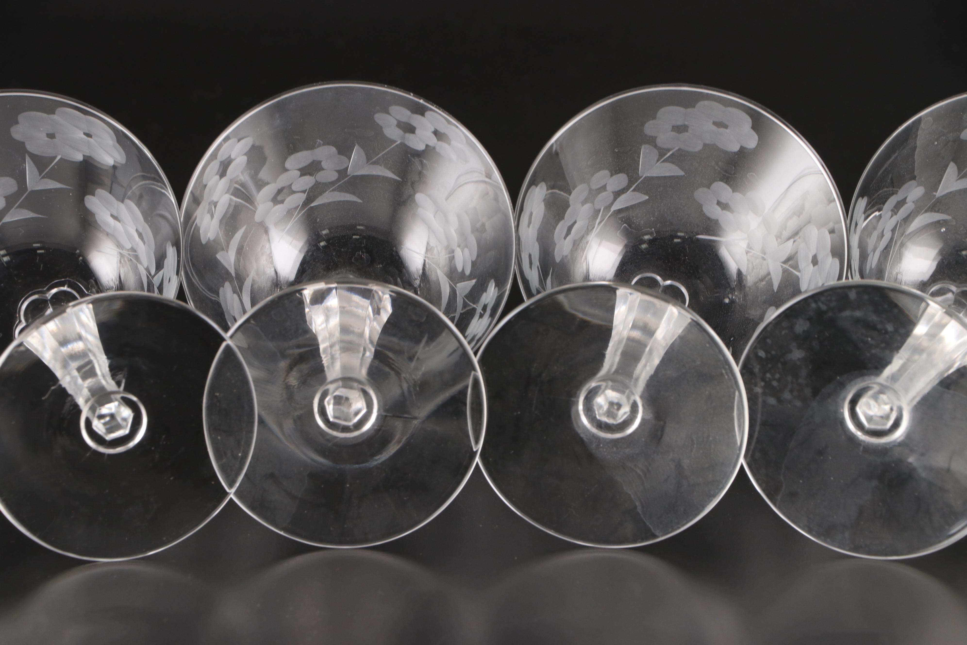 Libbey Etched Glass Water Glasses and Stemware, Mid-20th Century