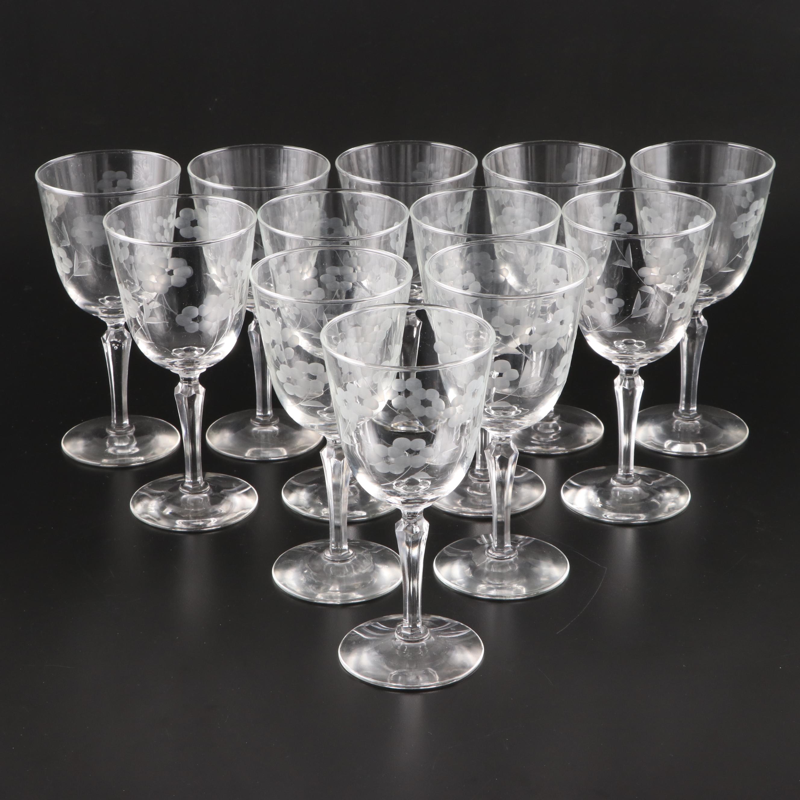 Libbey Etched Glass Water Glasses and Stemware, Mid-20th Century