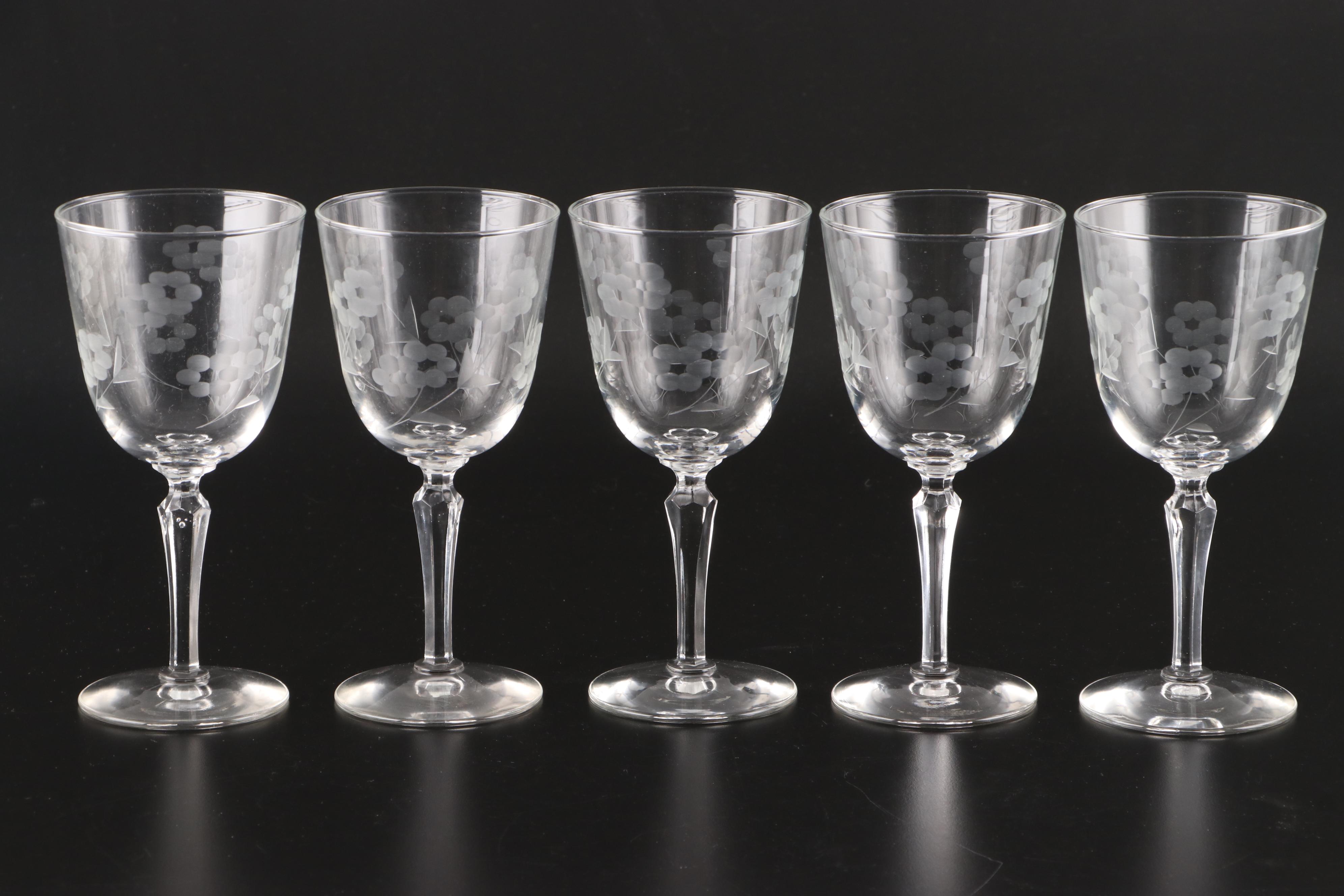 Libbey Etched Glass Water Glasses and Stemware, Mid-20th Century