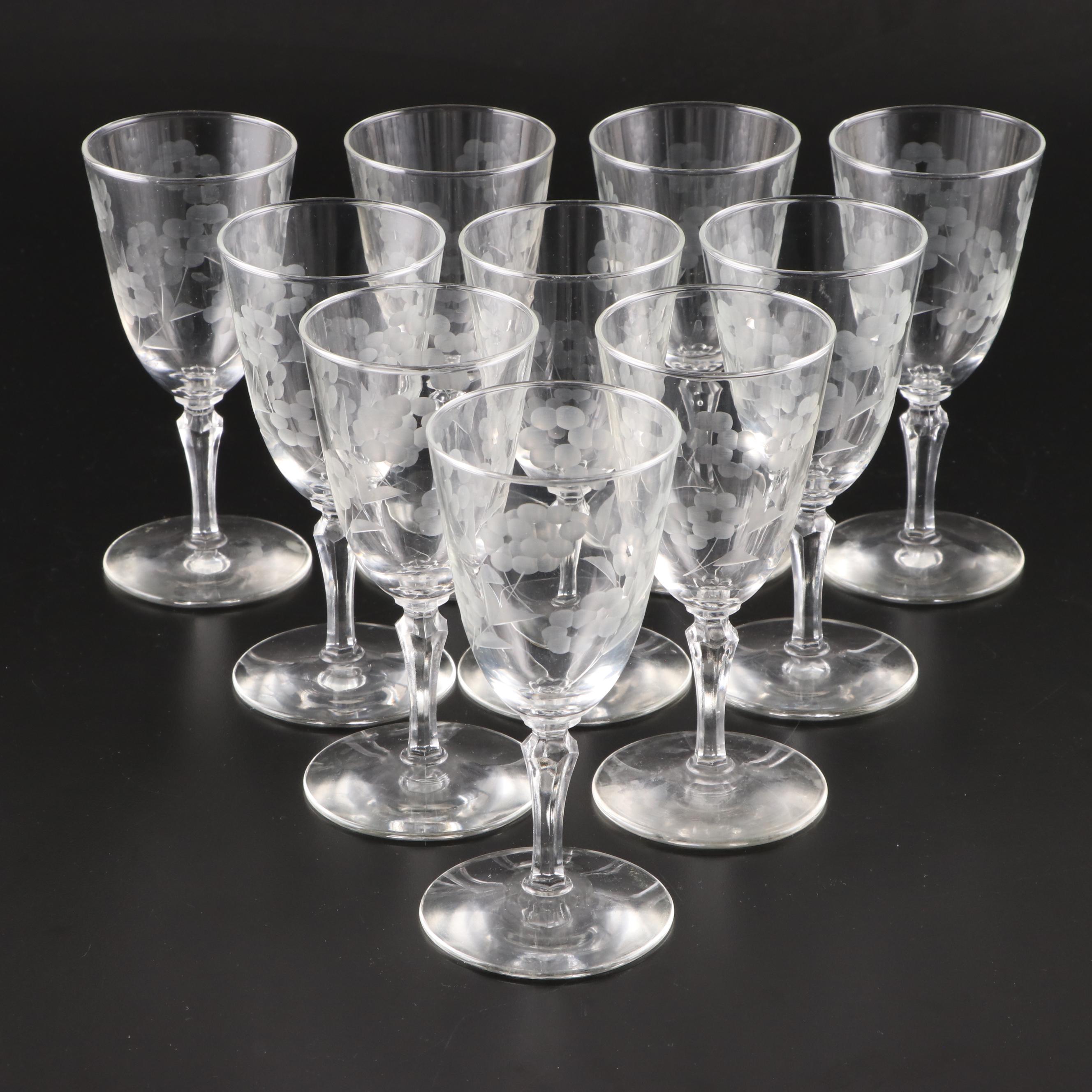 Libbey Etched Glass Water Glasses and Stemware, Mid-20th Century