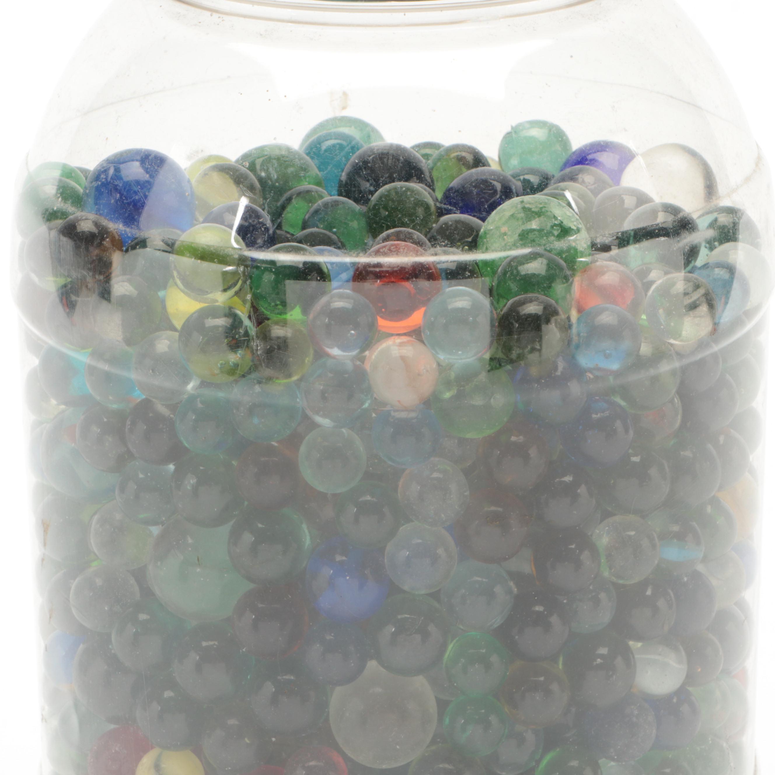 Glass, Vaseline Glass, Swirlies, Shooters and More Marbles in Large Utz Jar