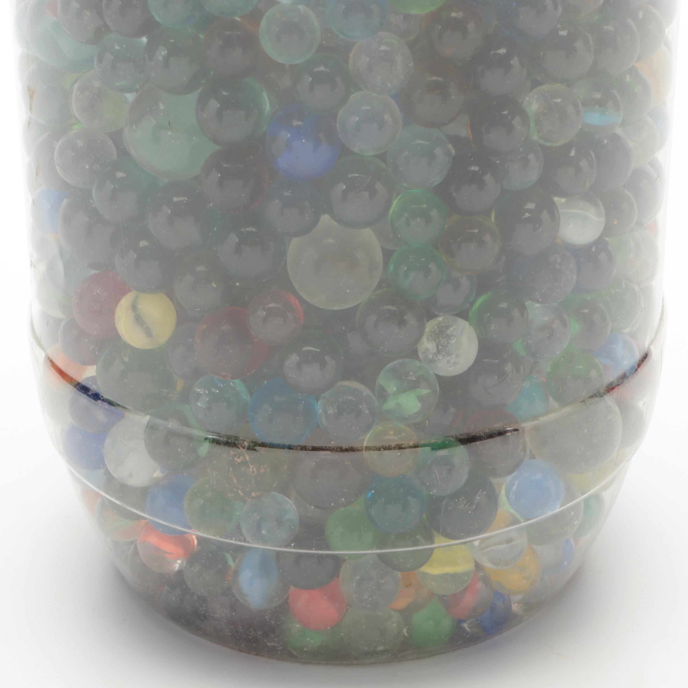 Glass, Vaseline Glass, Swirlies, Shooters and More Marbles in Large Utz Jar