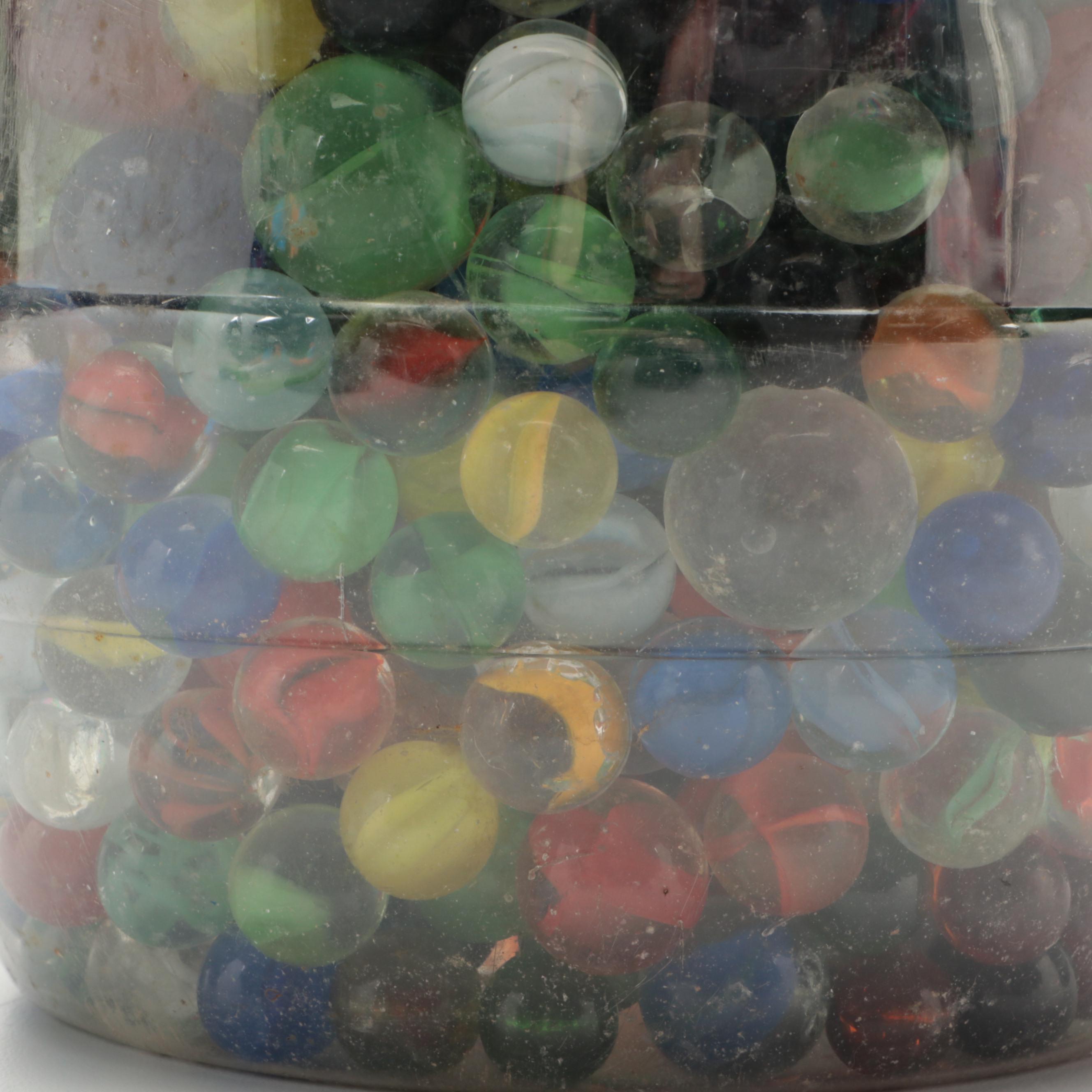 Glass, Vaseline Glass, Swirlies, Shooters and More Marbles in Large Utz Jar