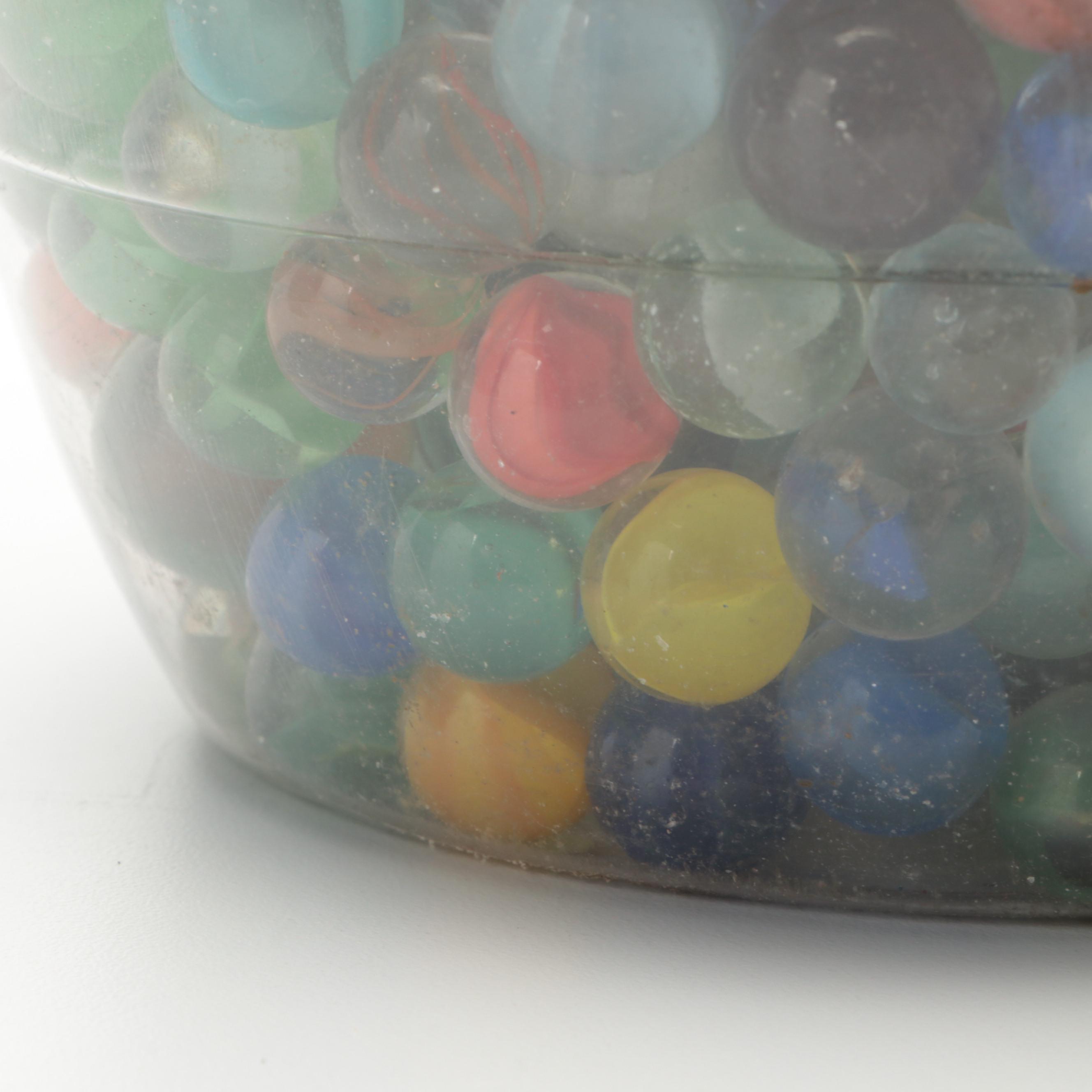 Glass, Vaseline Glass, Swirlies, Shooters and More Marbles in Large Utz Jar
