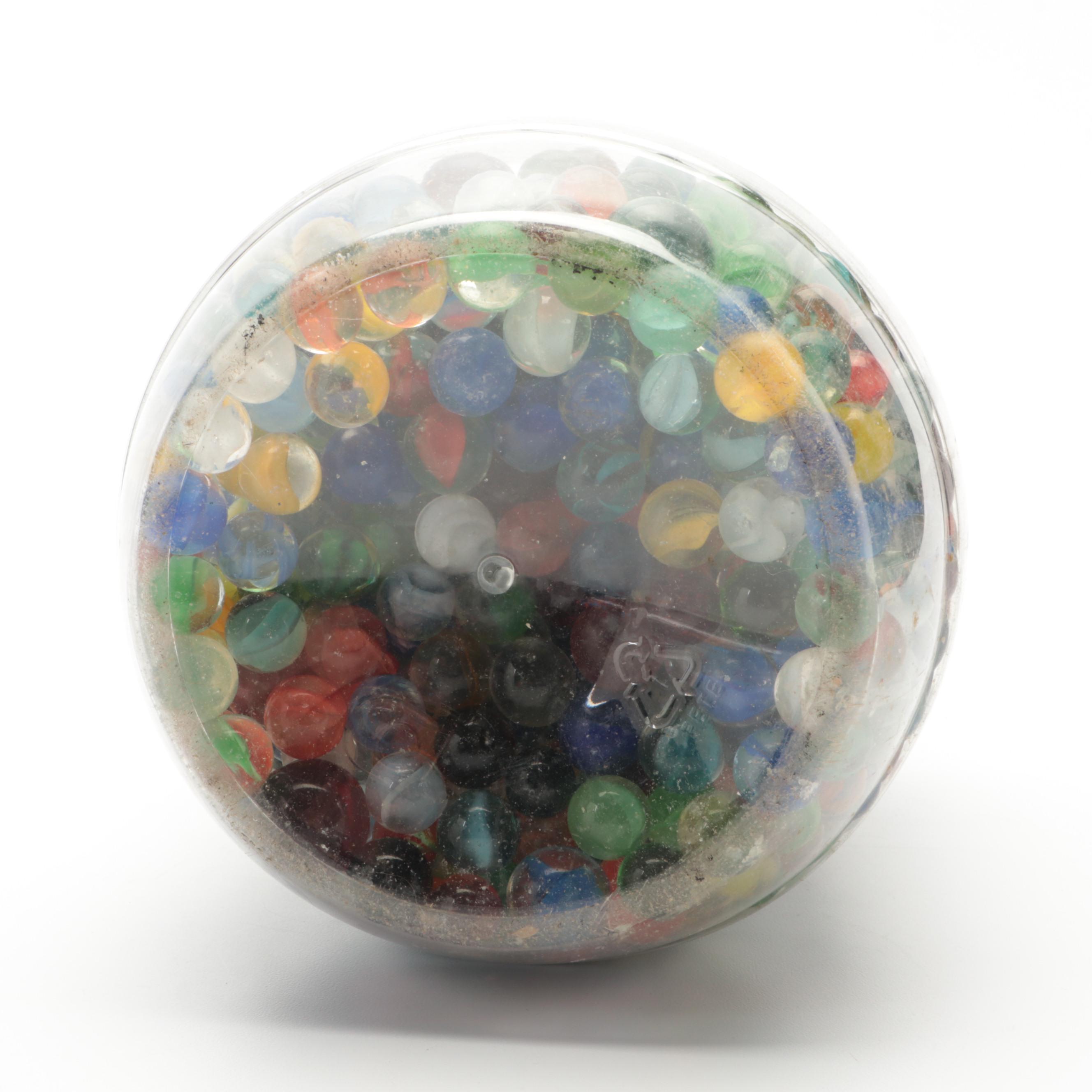 Glass, Vaseline Glass, Swirlies, Shooters and More Marbles in Large Utz Jar