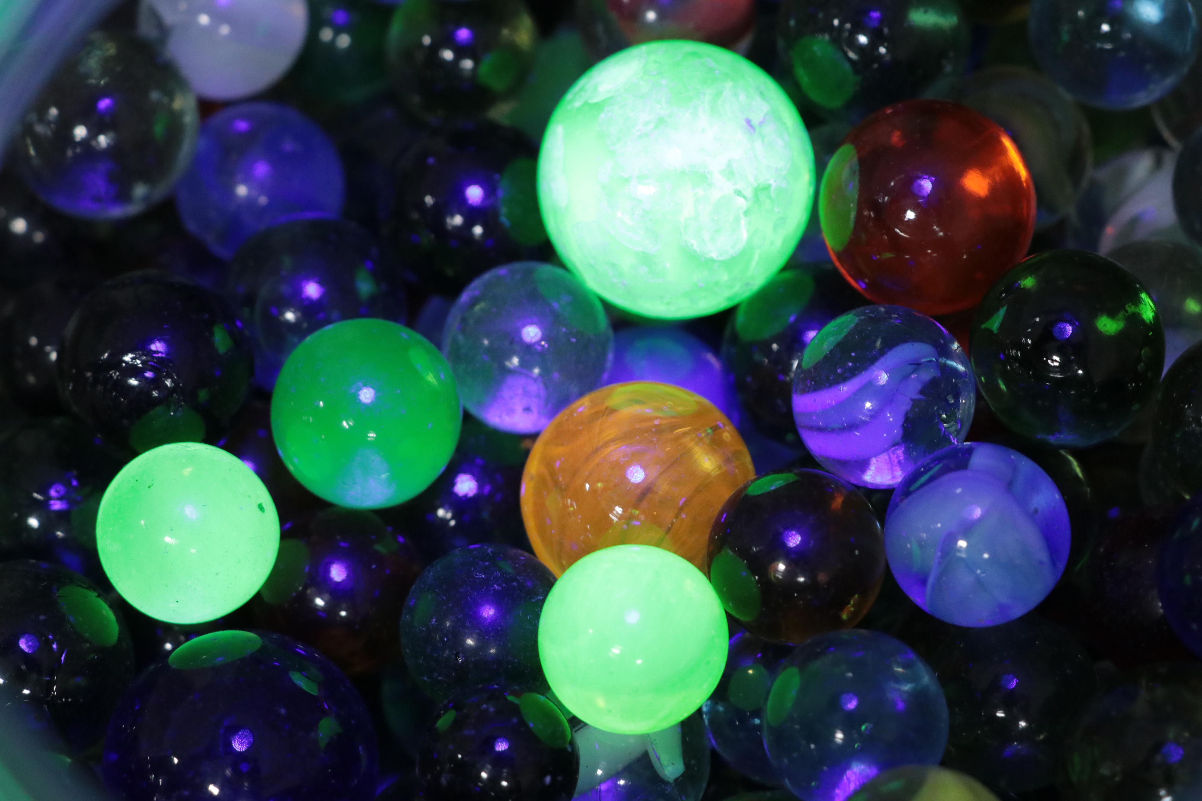 Glass, Vaseline Glass, Swirlies, Shooters and More Marbles in Large Utz Jar