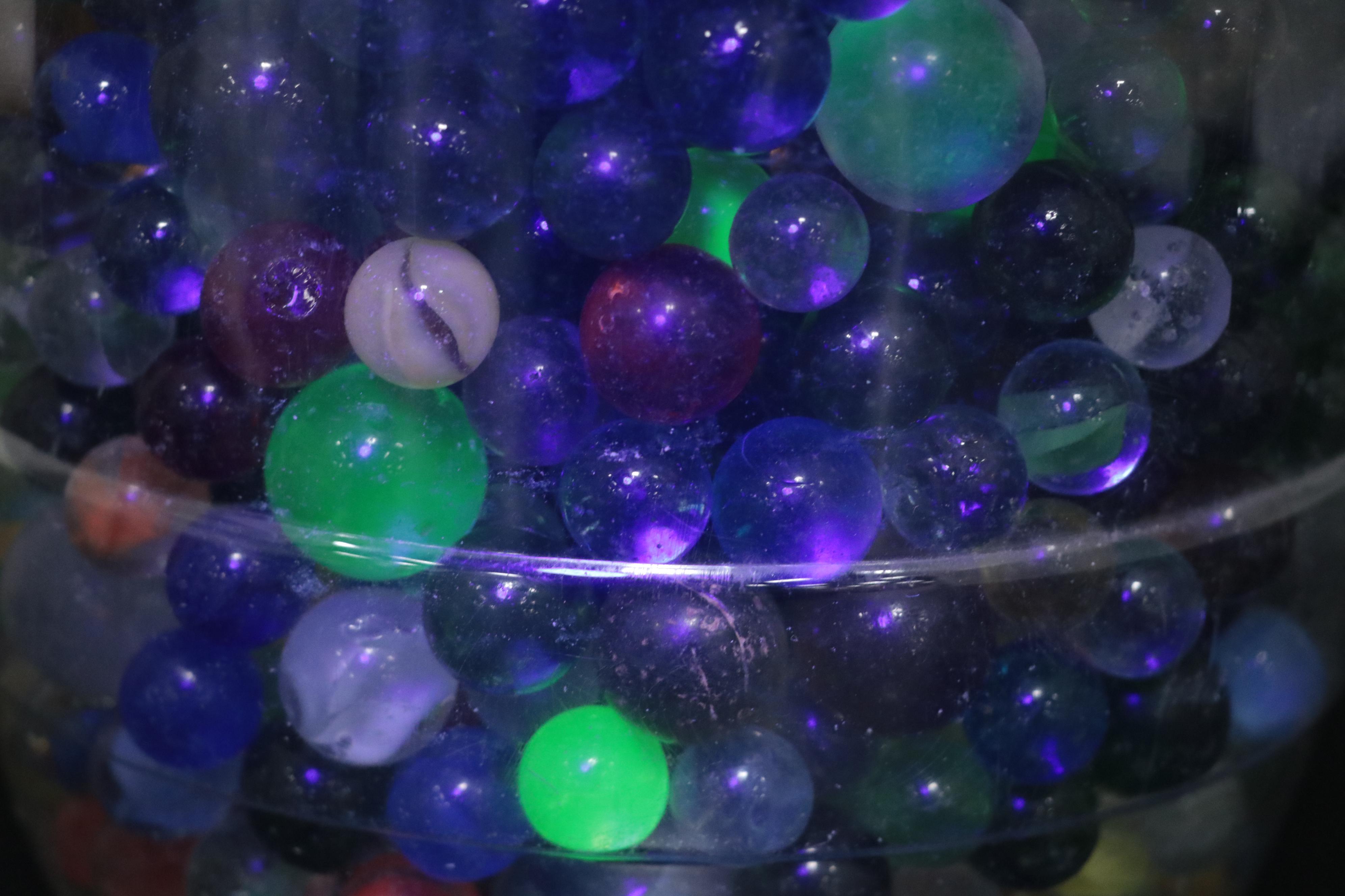 Glass, Vaseline Glass, Swirlies, Shooters and More Marbles in Large Utz Jar