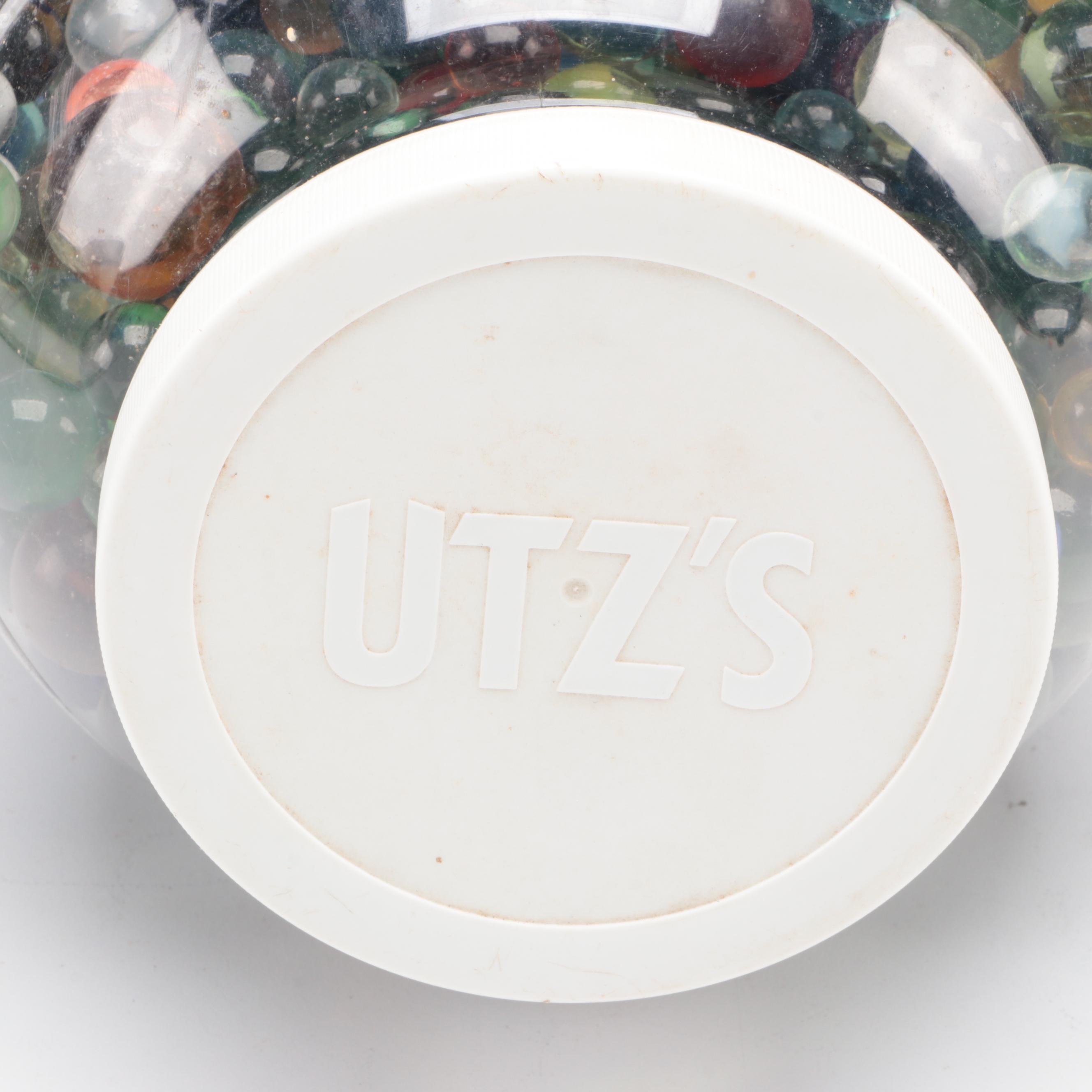 Glass, Vaseline Glass, Swirlies, Shooters and More Marbles in Large Utz Jar