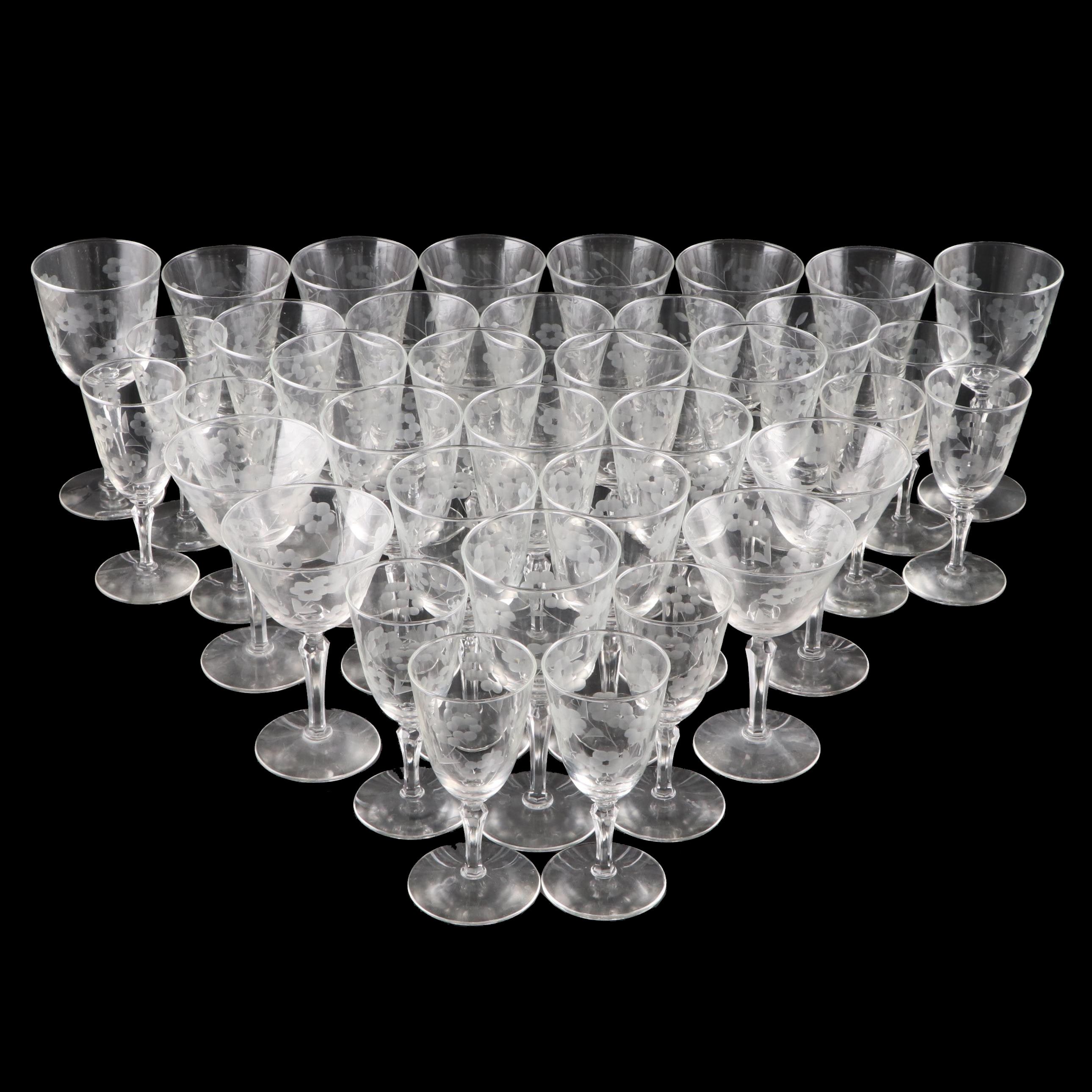 Libbey Etched Glass Water Glasses and Stemware, Mid-20th Century