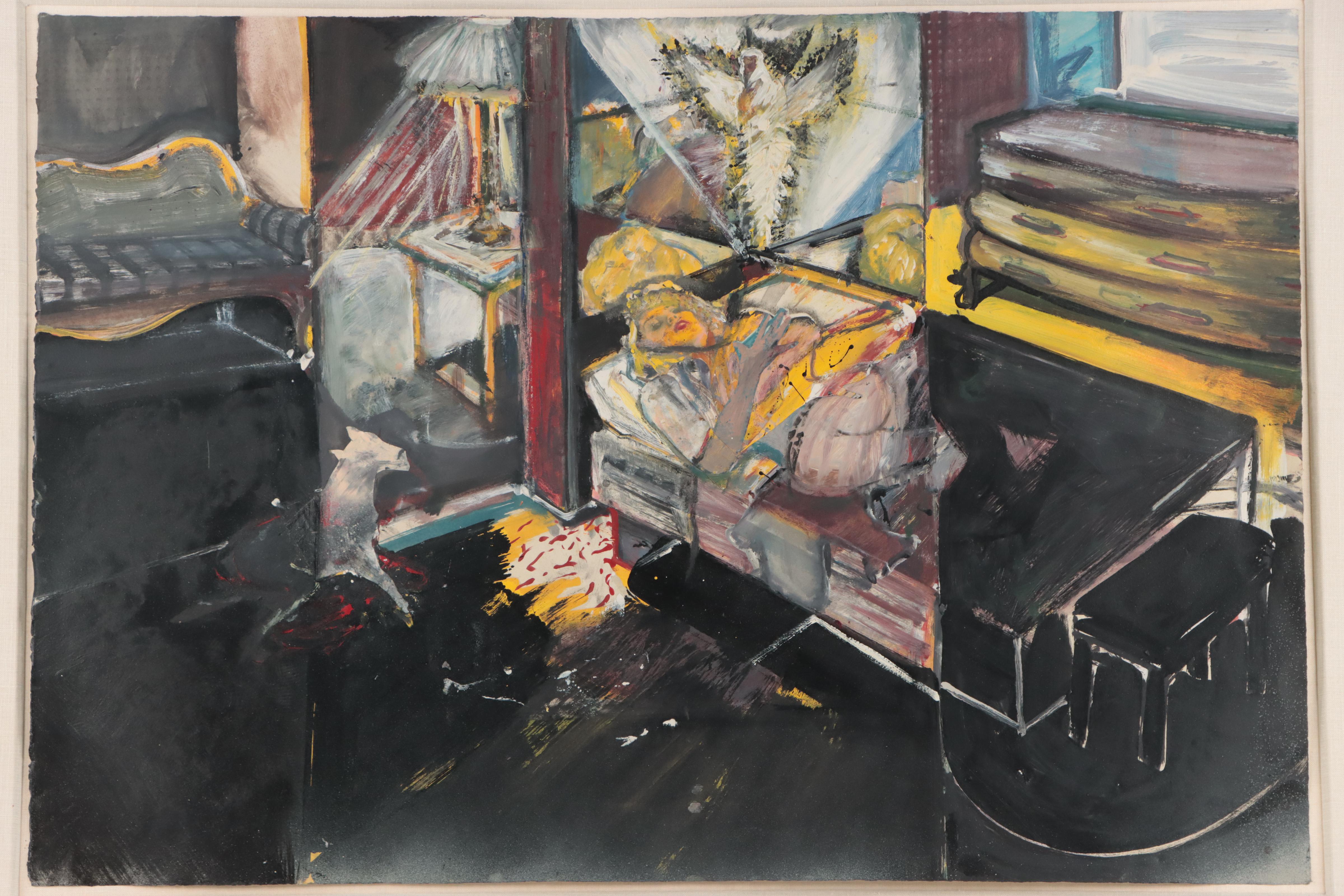 Surreal Mixed Media Painting of Woman in Bed