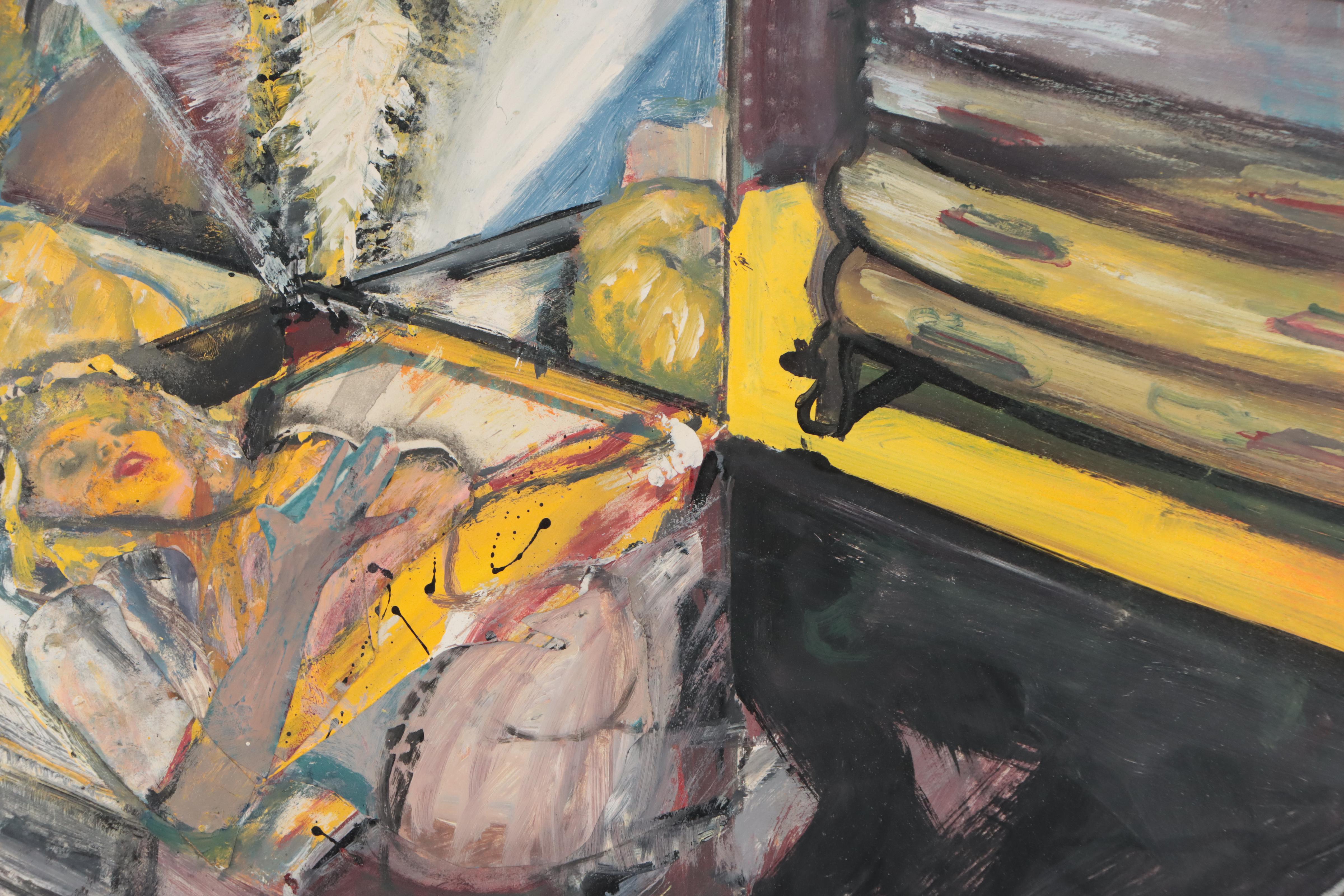 Surreal Mixed Media Painting of Woman in Bed