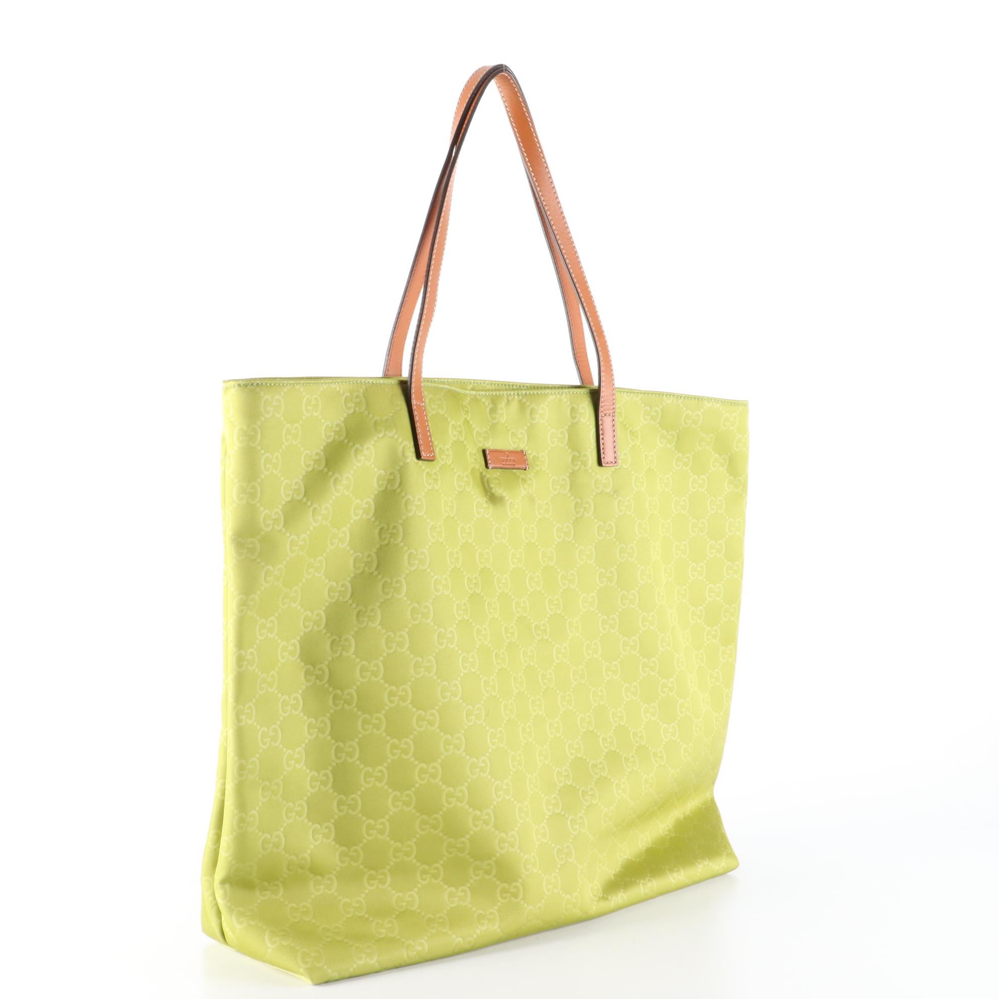 Gucci Large Tote Bag in GG Green Nylon and Brown Leather