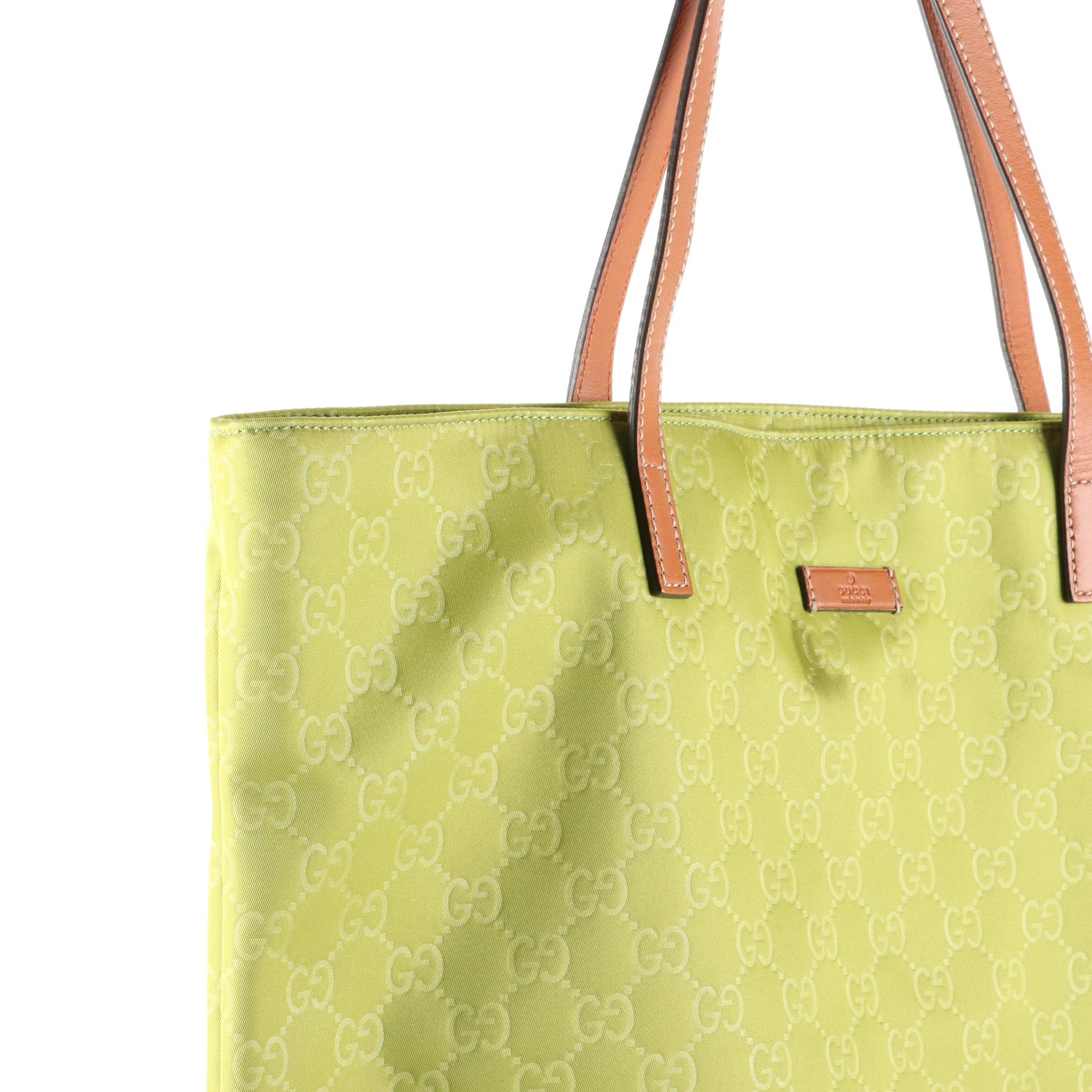 Gucci Large Tote Bag in GG Green Nylon and Brown Leather