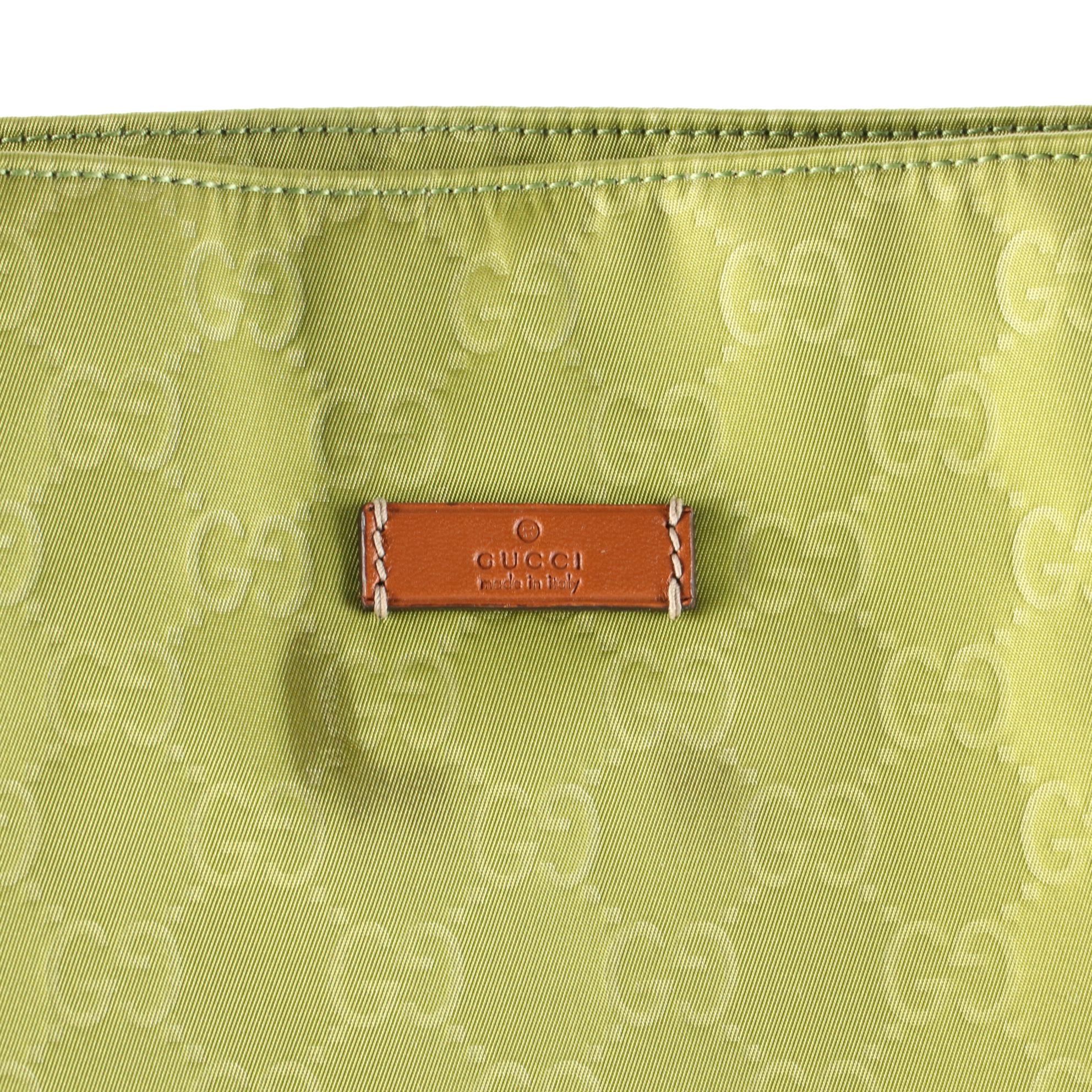 Gucci Large Tote Bag in GG Green Nylon and Brown Leather