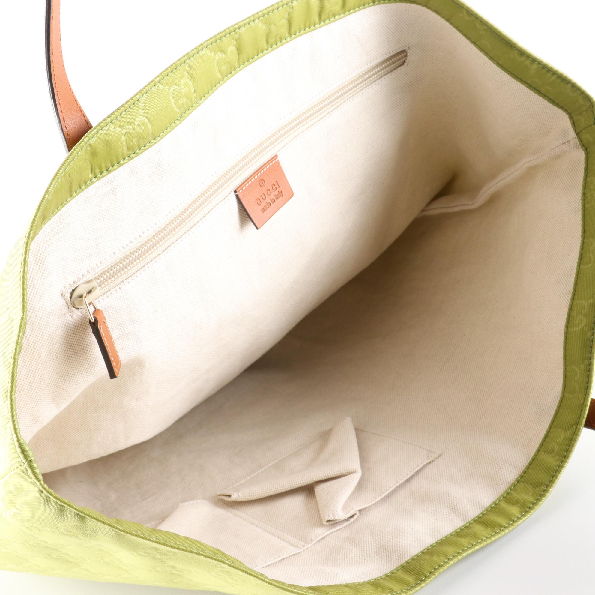 Gucci Large Tote Bag in GG Green Nylon and Brown Leather