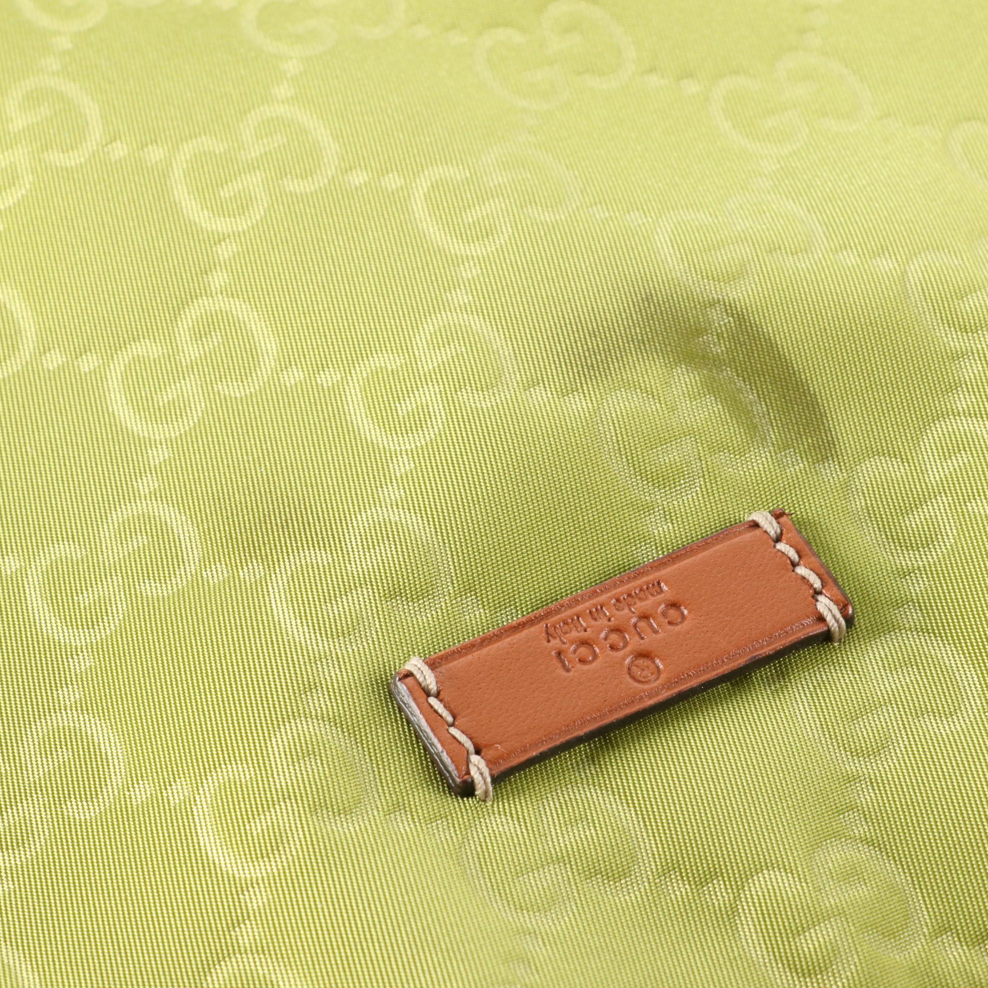 Gucci Large Tote Bag in GG Green Nylon and Brown Leather